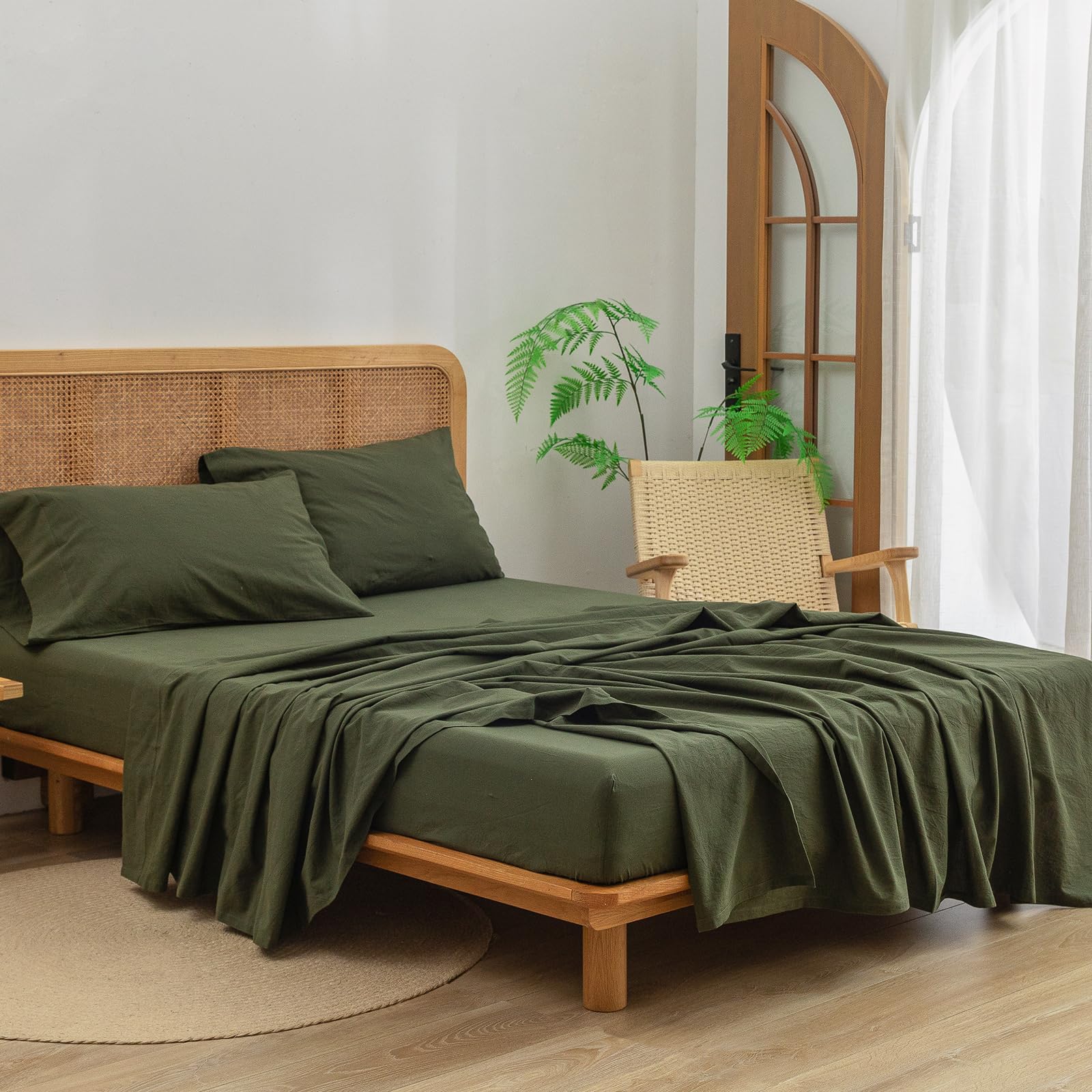 Bestouch Sheet Set 100% Washed Cotton Linen Feel Super Soft Comfortable Chic Lightweight 3 Pcs Home Bedding Set Solid Olive Gree