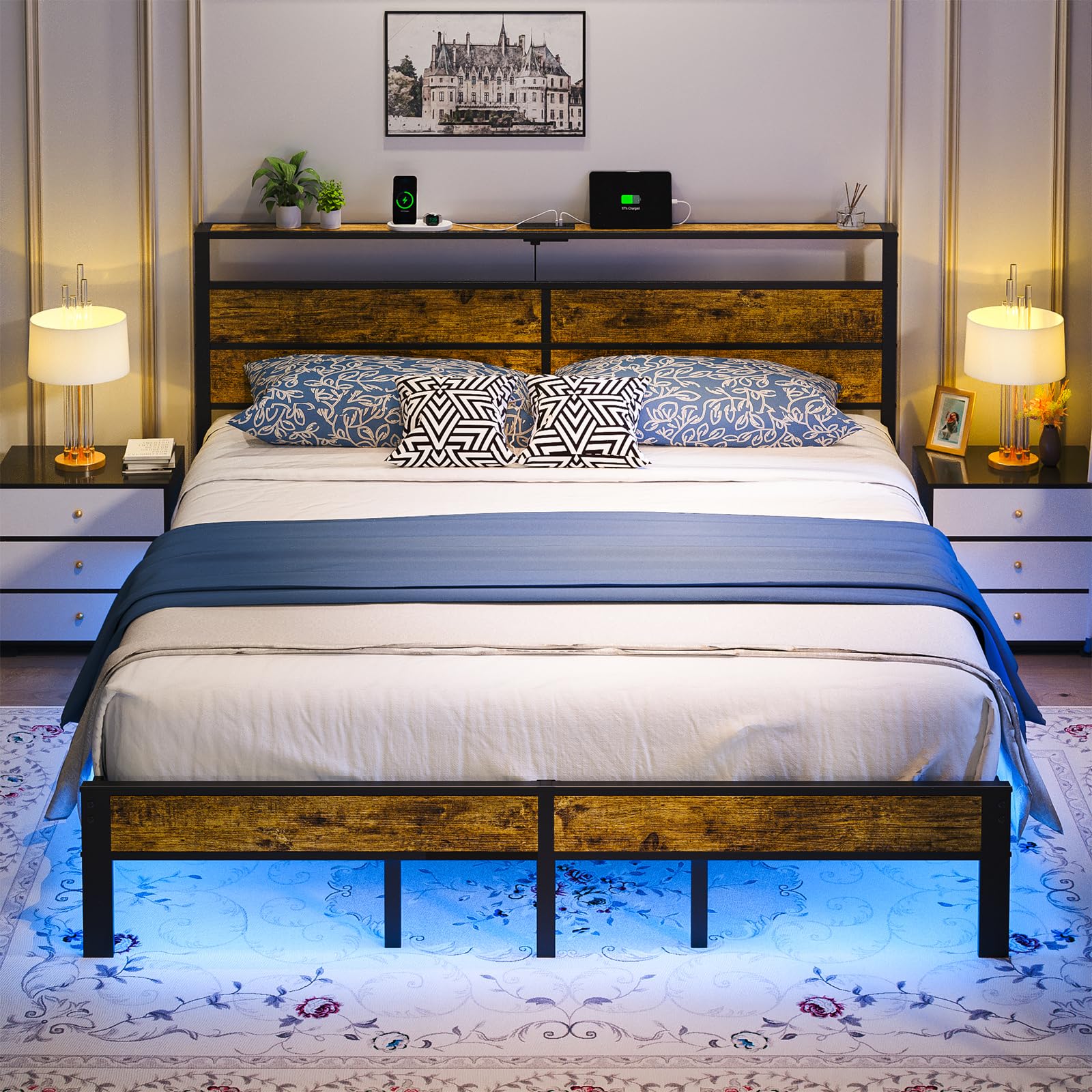 King Size Bed Frame with USB Type C Charging Station Headboard, Smart LED Lights, Metal Platform Noise Free, No Box Spring Neede