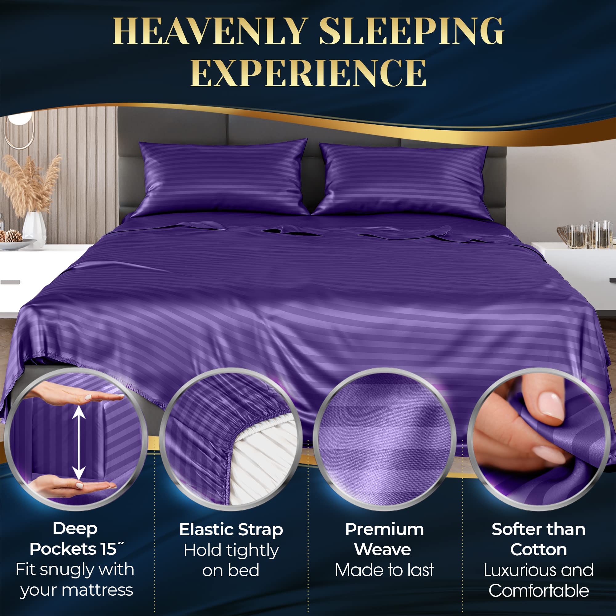 Decolure Striped Satin Sheets Set King 4Pc - Luxury Silk Feel Satin Sheets King - Elegant Silky Soft King Size Satin Bed Sheets