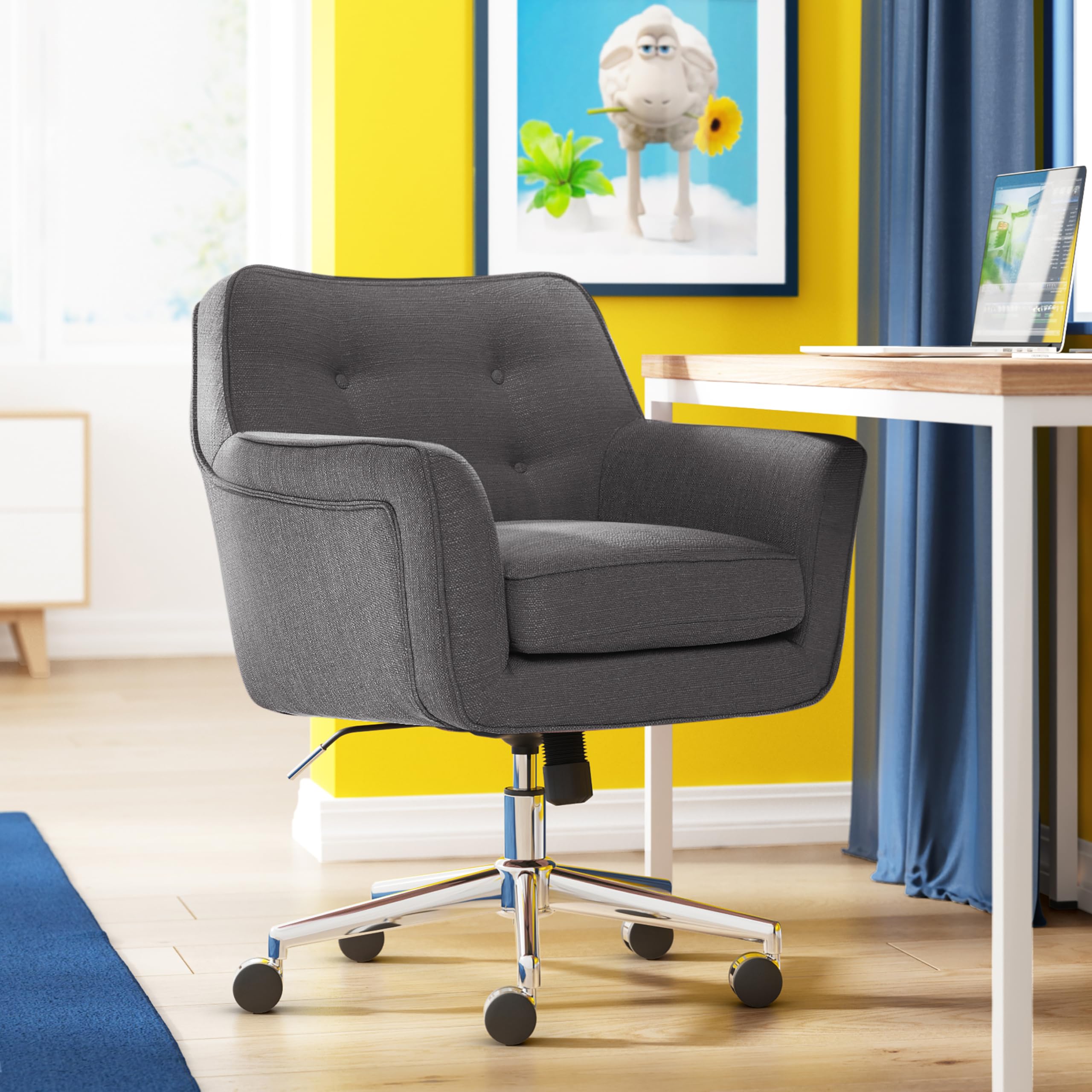 Serta Ashland Home Office Desk Chair With Button Tufted Mid-Back, Memory Foam Cushion And Padded Arms, Mid Century Modern Vanity Armchair With Wheels For Bedroom, Chrome Metal Base, Dark Gray