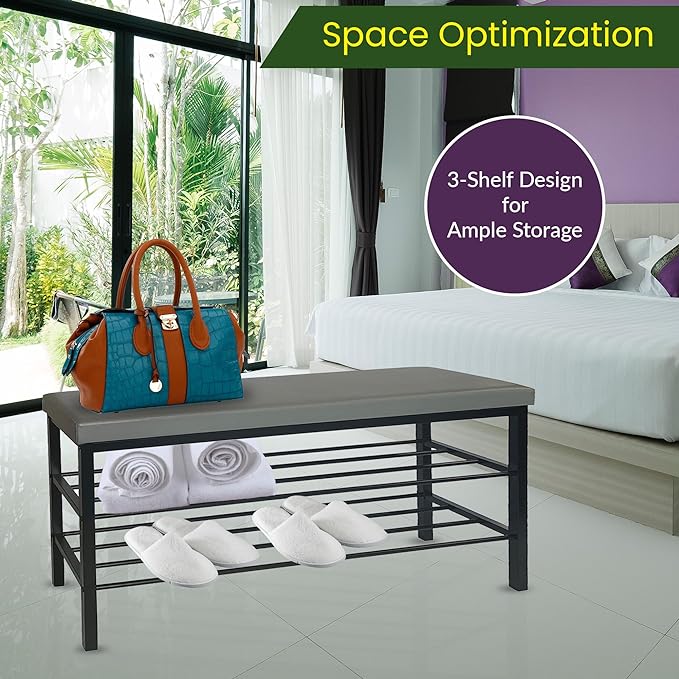 Entryway Shoe Storage Bench with Cushioned Seat, 3-Tier Shelf, Black Steel