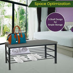 Entryway Shoe Storage Bench with Cushioned Seat, 3-Tier Shelf, Black Steel