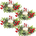Christmas Candle Ring, 4 Pcs Clear Votive Candles with Red Berry Xmas Candle Ring Wreath for Christmas Table Centerpiece Decorat