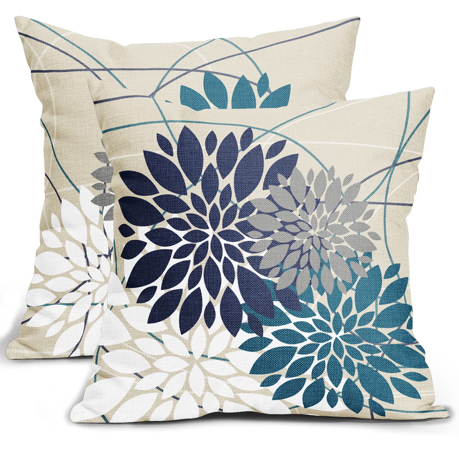 Navy Blue Teal Pillow Covers 16X16 Inch Dahlia Flower Decorative Throw Pillows Modern Geometry Floral Outdoor Farmhouse Pillowca