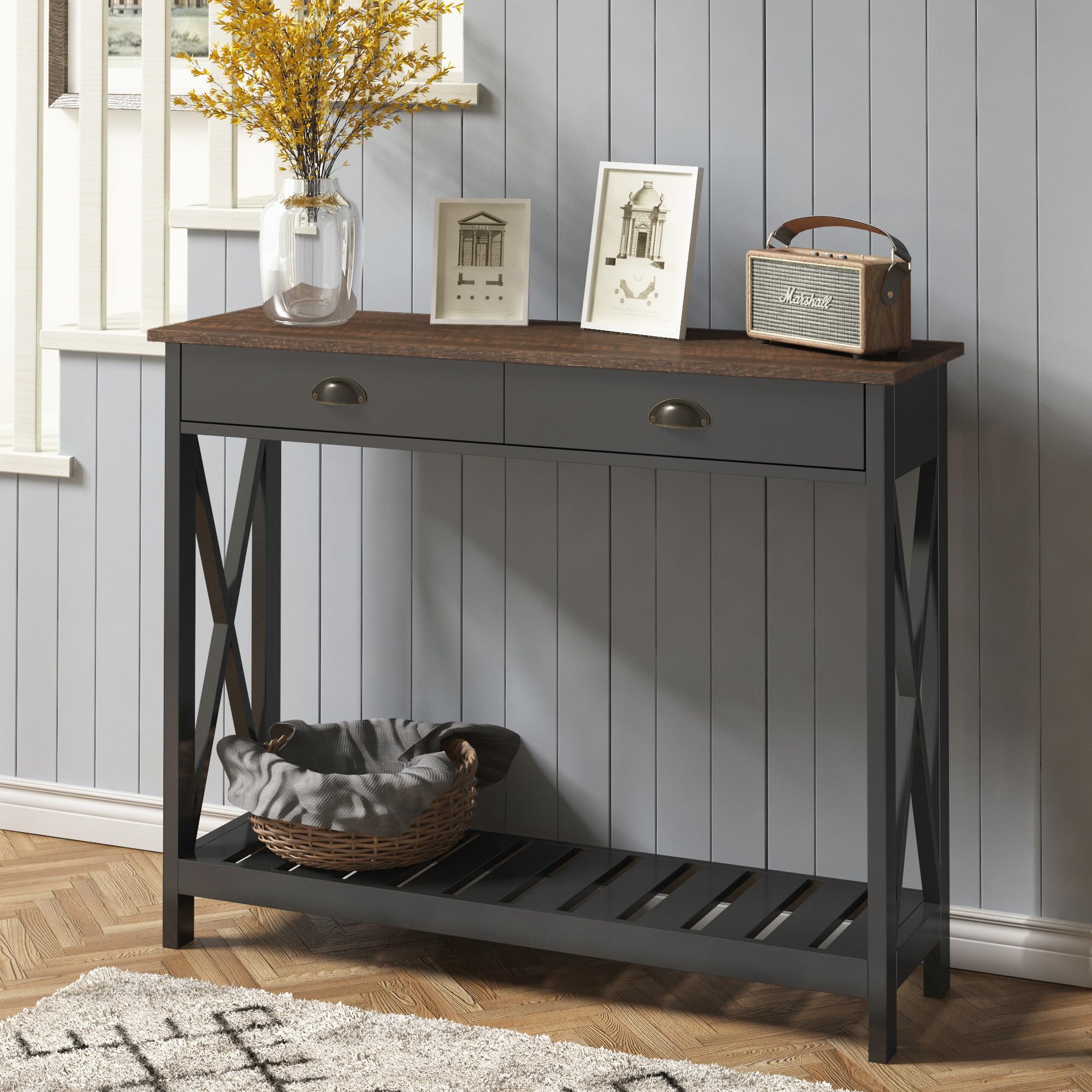 ChooChoo Farmhouse Console Table with Drawer for Entryway, Narrow Long Entry Table with Shelf for Living Room, Rustic Vintage Ha