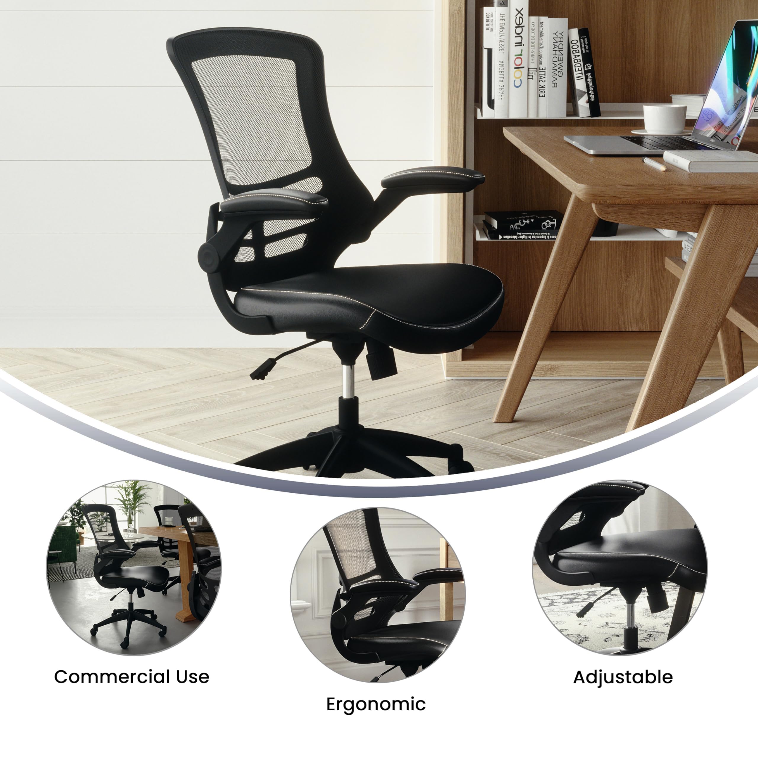 Flash Furniture Kelista Mid-Back Swivel Office Chair with Adjustable Seat Height, Ergonomic Mesh Desk Chair with LeatherSoft Seat, Black