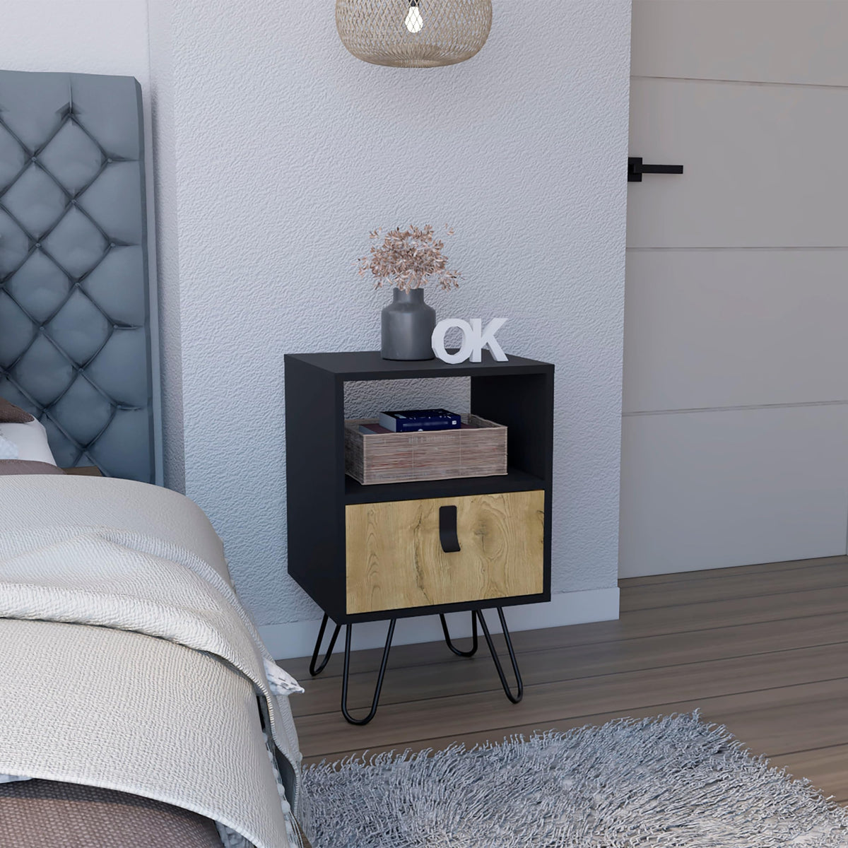 Depot E-Shop Nightstand 24&quot; H, Sleek Design With Hairpin Legs And 1 Drawer, Black/Macadamia