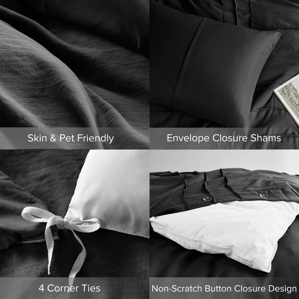 Comfort Spaces Black Queen Size Duvet Cover Set - 3 Pieces Pintuck Pleated Duvet Cover Queen, All Season Lightweight, Extra Softness Pre-Washed Microfiber Queen Bedding Cover Shams, Full/Queen