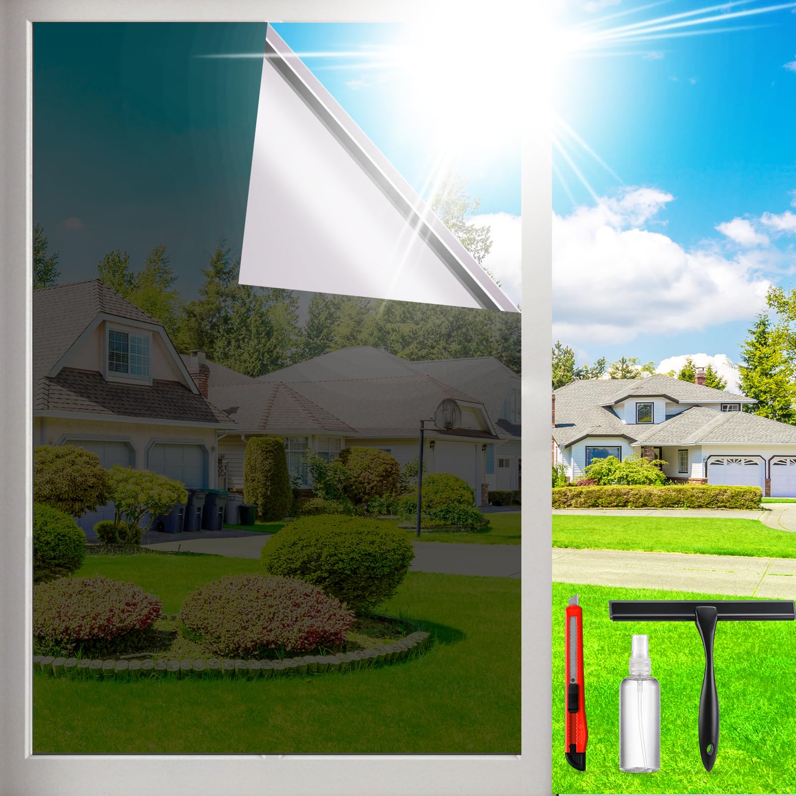 One Way Privacy Window Film Sun Blocking, Heat Blocking Window Tint for Home See Out But Not in, Static Cling & Anti UV, Black-S