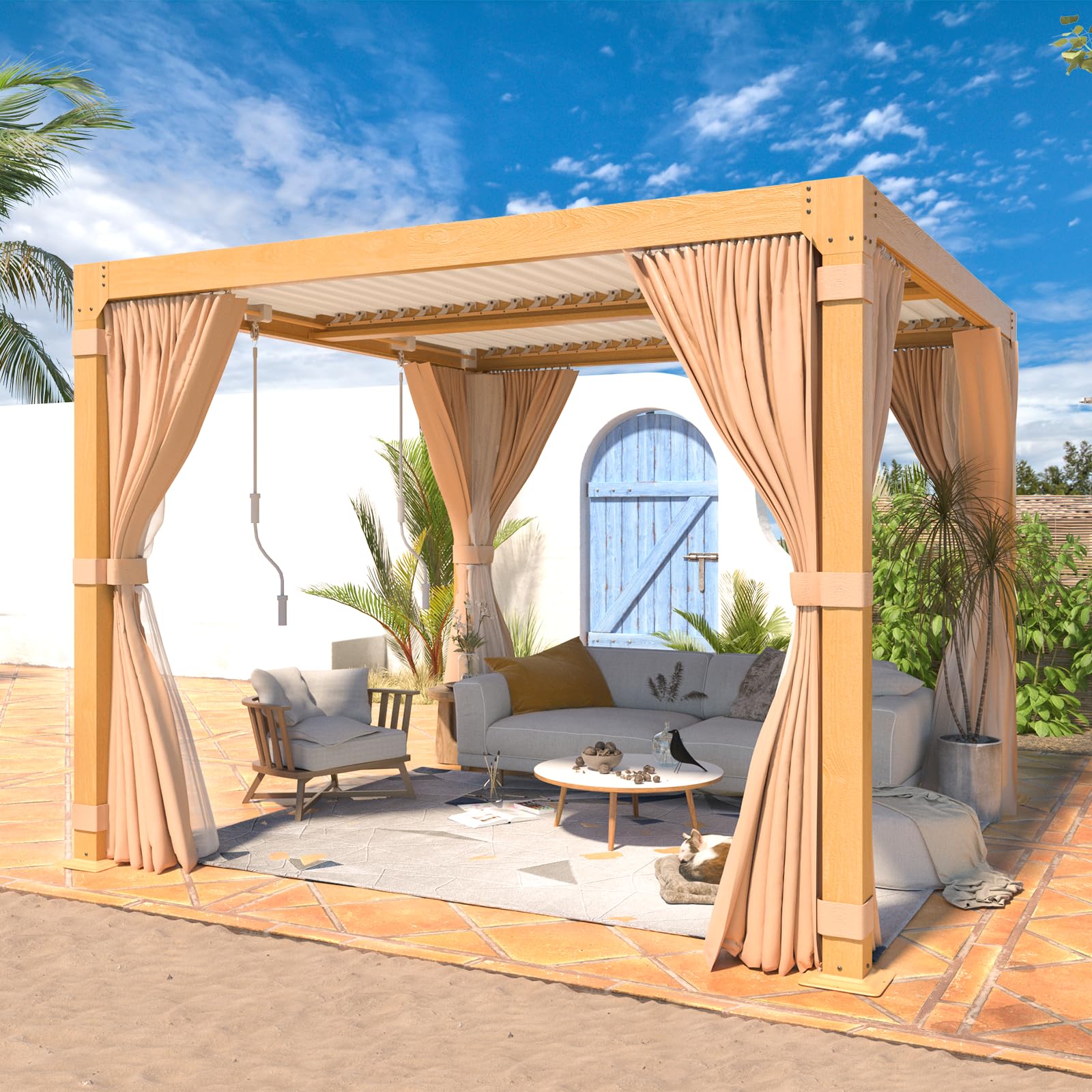 Mellcom Louvered Pergola 10X10, Aluminum Pergola With Adjustable Louvered Roof, Wood Grain Outdoor Small Pergola With Waterproof