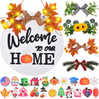 Interchangeable Welcome Home Sign, Front Door Decor With 4 Seasonal Wreaths and 21 Changeable Icons, Rustic Wood Wall Porch Hang