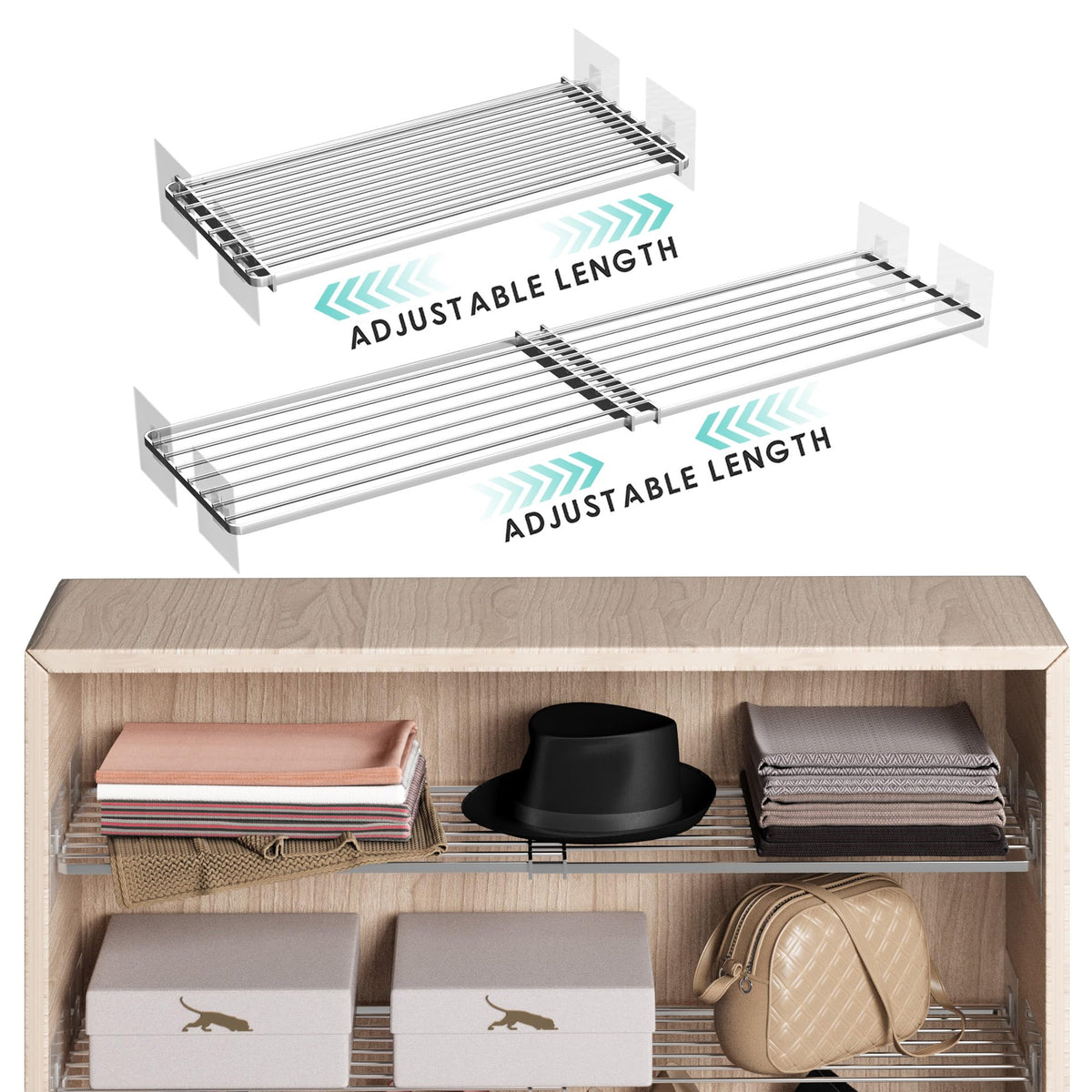 jkxoo 2Pcs Expandable Closet Tension Shelves Organizer, 16.5~31L x11.8W