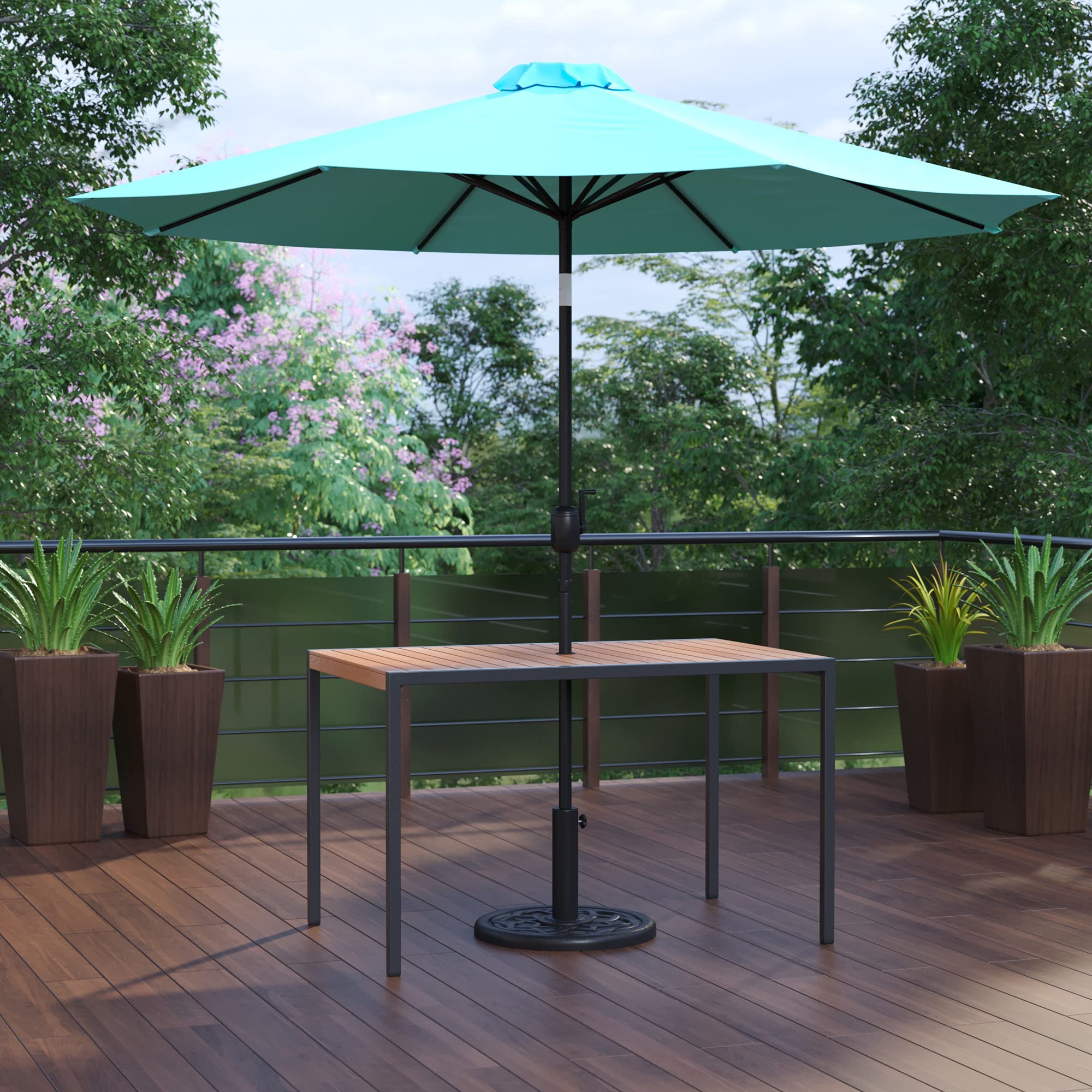 Flash Furniture Lark 3 Piece Outdoor Patio Table Set - Natural Faux Teak Dining Table - 30&quot; x 48&quot; Synthetic Teak Patio Table with Teal Umbrella and Base