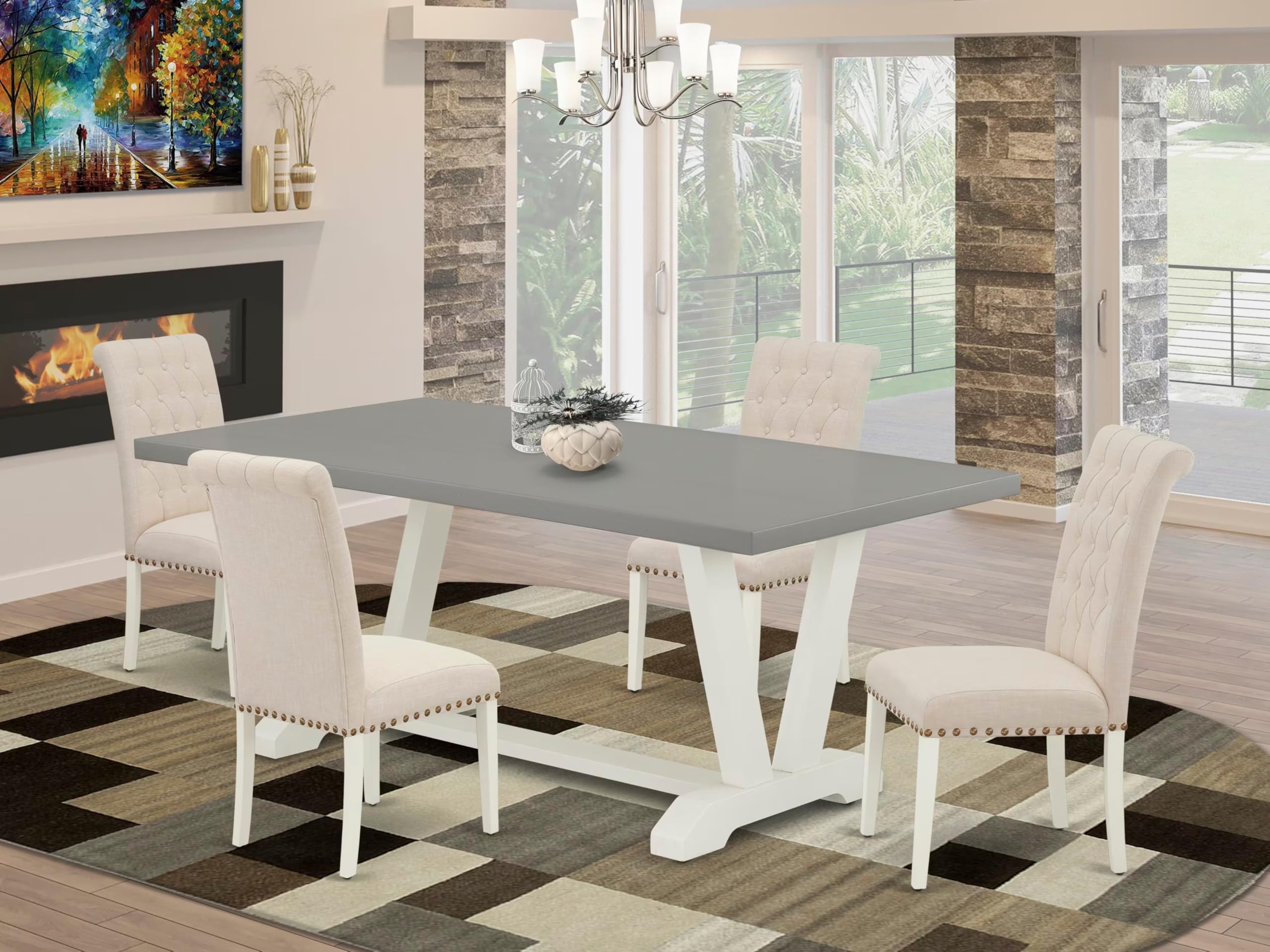 East West Furniture V097Br202-5 5 Piece Dining Room Table Set Includes A Rectangle Dining Table With V-Legs And 4 Light Beige Linen Fabric Upholstered Chairs, 40X72 Inch, Multi-Color