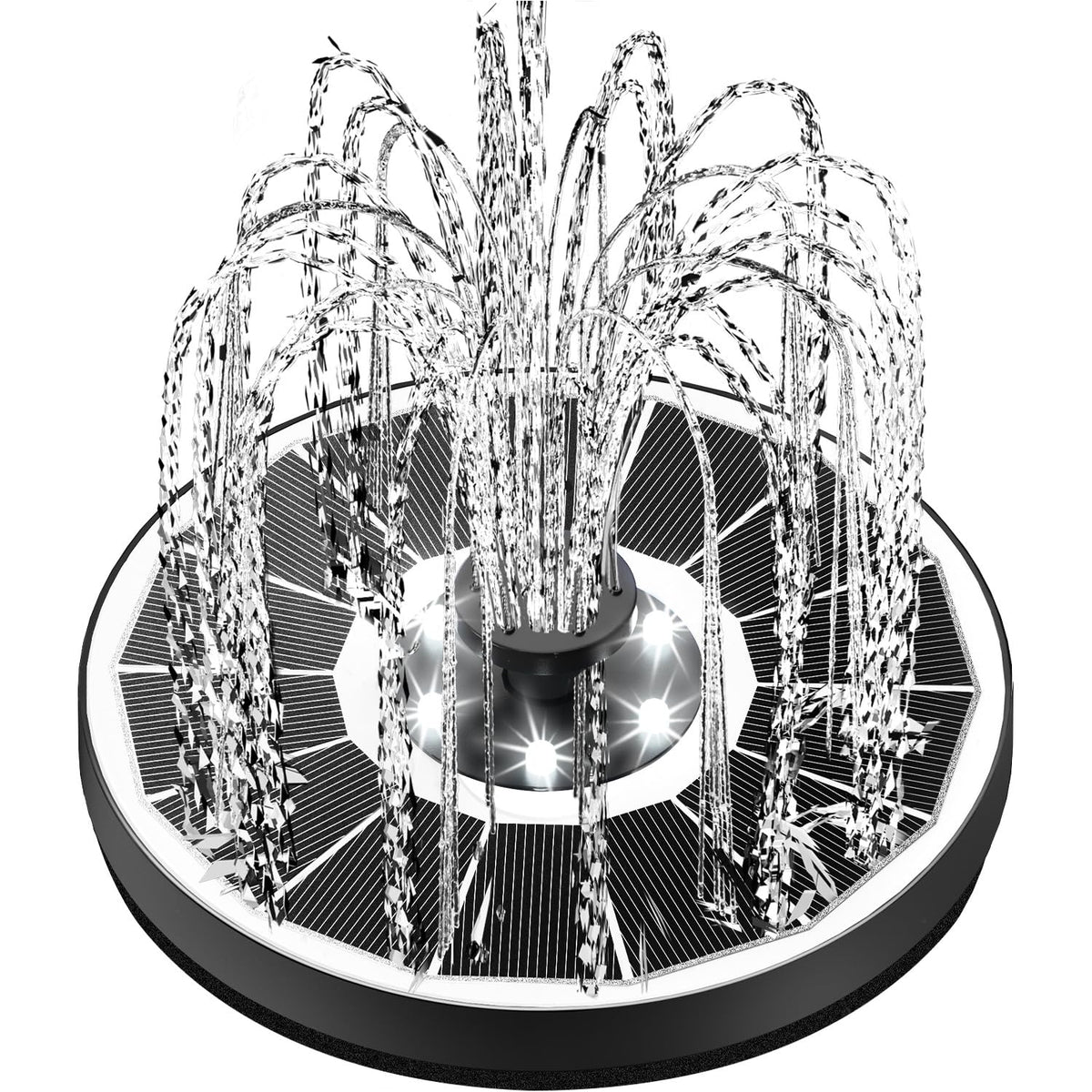 Yzert 3.5W Solar Fountain With Lights Full Glass Panel, Solar Bird Bath Fountains With 8 Nozzles & 4 Fixed Rods, Floating Solar