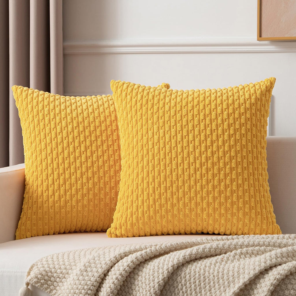Kevin Textile 2 Packs Yellow Euro Farmhouse Decorative Throw Pillow Covers 26X26 Inch For Living Room Couch Bed Sofa Rustic Boho Home Decor Soft Striped Corduroy Square Cushion Case 66X66 Cm