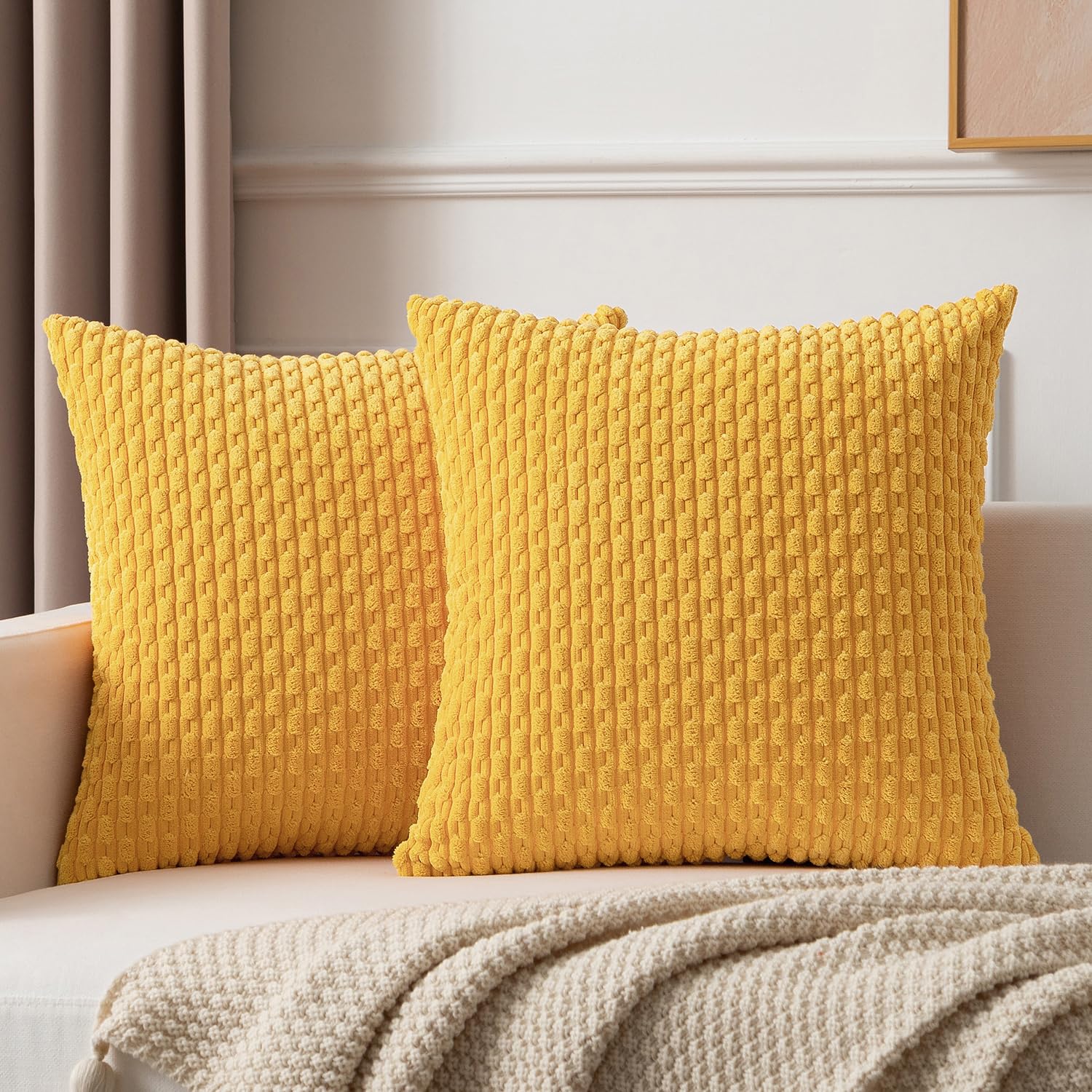 Kevin Textile 2 Packs Yellow Euro Farmhouse Decorative Throw Pillow Covers 26X26 Inch For Living Room Couch Bed Sofa Rustic Boho Home Decor Soft Striped Corduroy Square Cushion Case 66X66 Cm