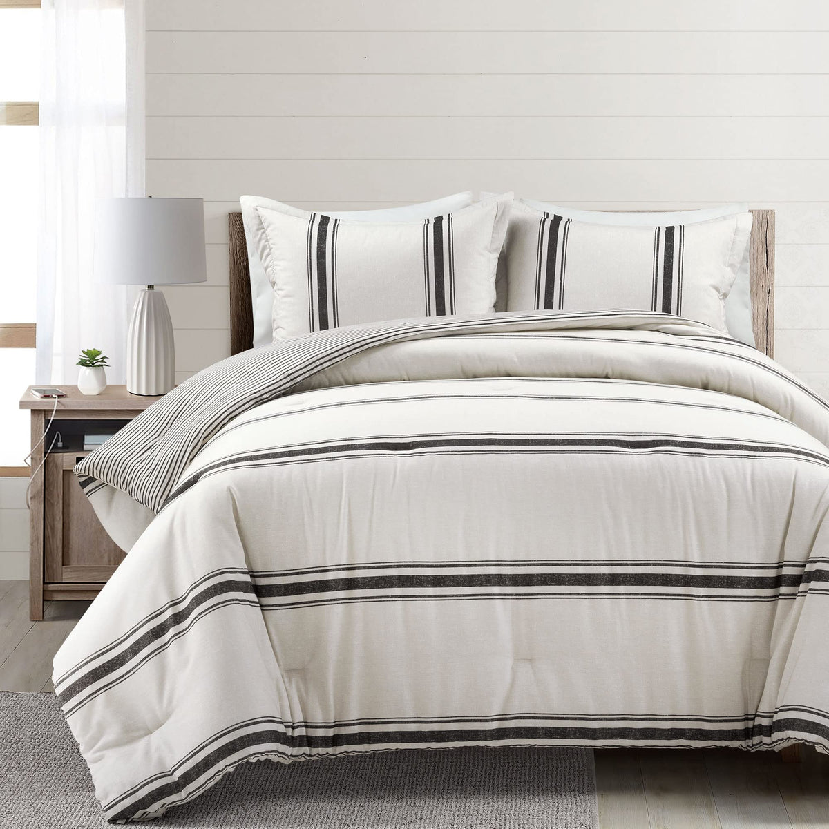 Lush Decor Farmhouse Stripe Reversible Cotton Comforter Set, 3 Piece Set, King, Black - Cozy Farmhouse Bedding Set - Rustic Deco