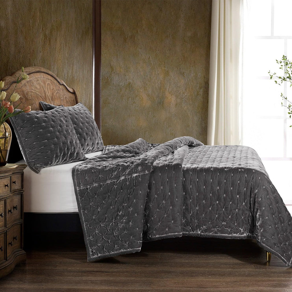 Hiend Accents Stella Faux Silk Velvet Quilt, King Size, Slate Solid Color, Romantic Modern Western Traditional Style Luxury Bedd