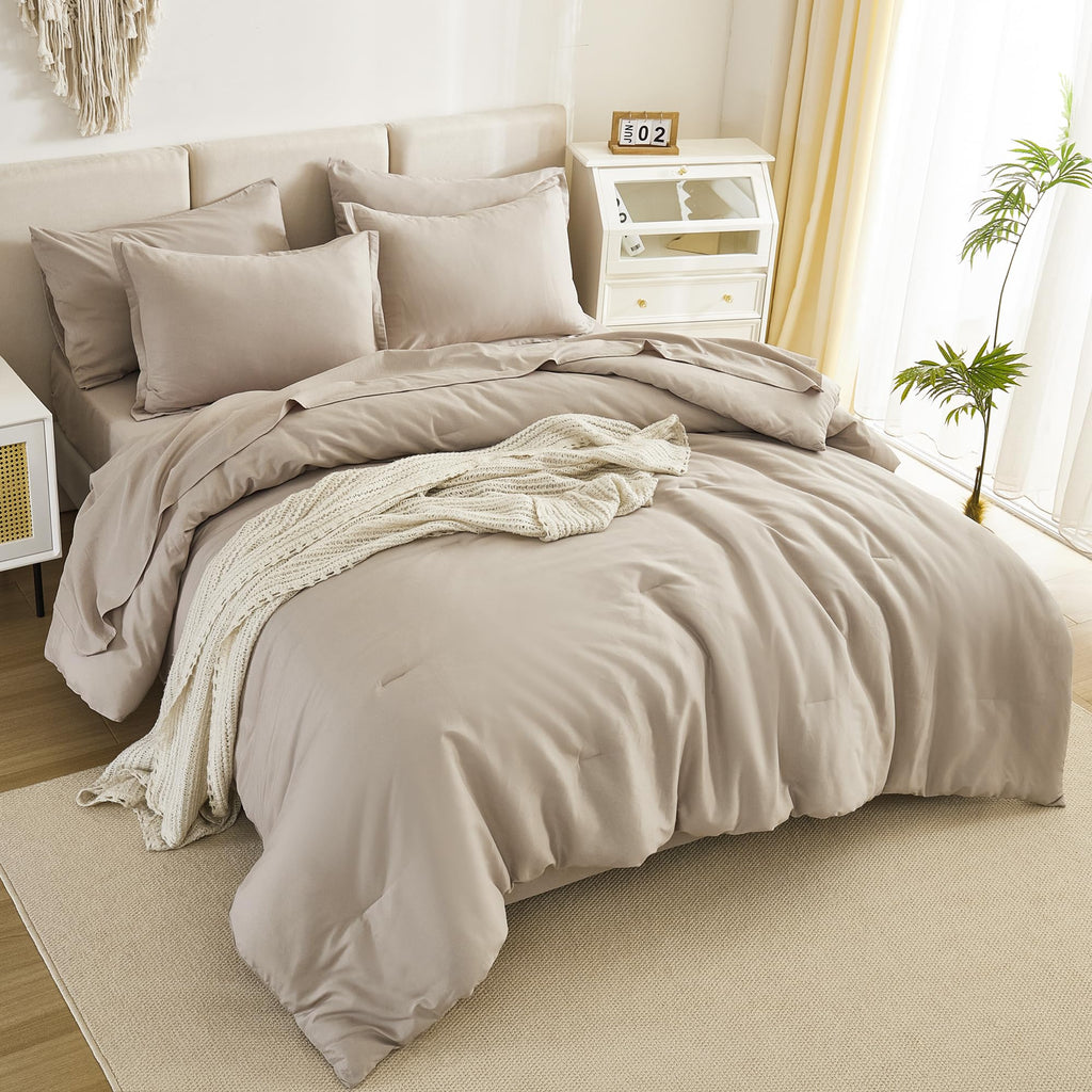 Litanika Comforter King Size Set Oatmeal - 7 Pieces Bed In A Bag King Beddding Comforter Sets, Plain Lightweight Bed Set With Co