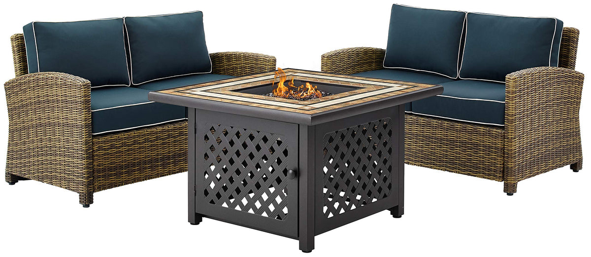 Crosley Furniture Bradenton 3-Piece Wicker Outdoor Loveseat Patio Furniture Set with Gas Fire Pit Table, Brown with Navy Cushions