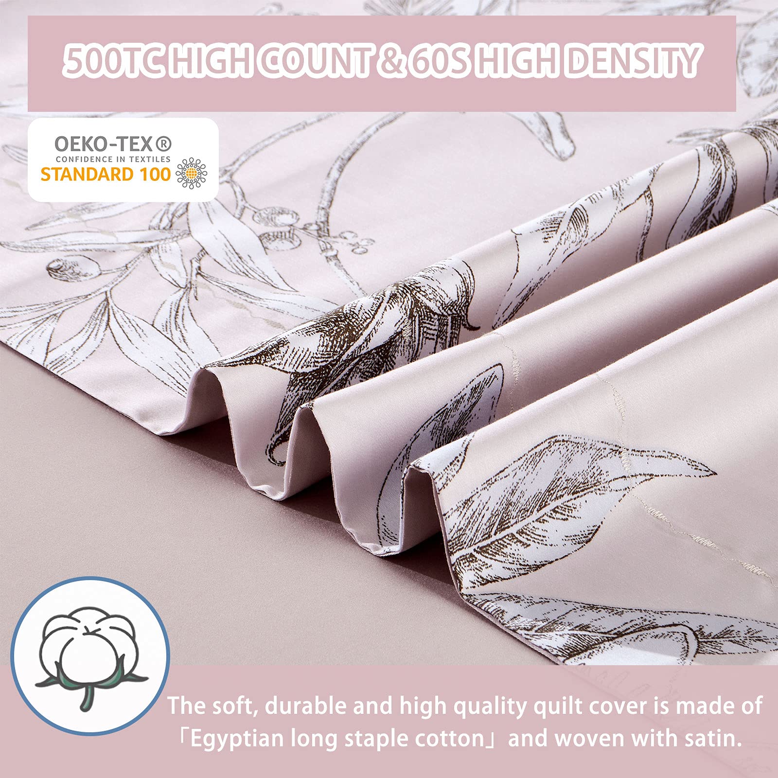 Mildly 100% Long-Staple Cotton Duvet Cover Set Light Pink Elegant Floral Pattern Printed Comforter Cover 3Pcs, Ultra Soft & Brea