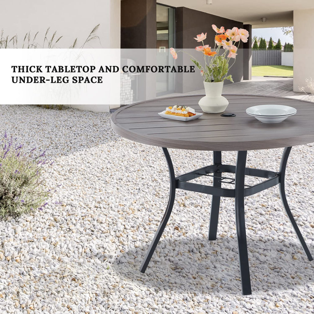 Vicllax Round Patio Table With Adjustable Umbrella Hole, All Weather Outdoor Round Dining Table For Lawn Garden, 41.2'X 28' Grey Wood-Like Outdoor Coffee Table