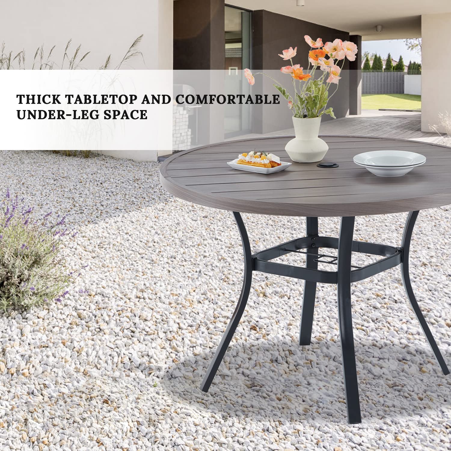 Vicllax Round Patio Table With Adjustable Umbrella Hole, All Weather Outdoor Round Dining Table For Lawn Garden, 41.2'X 28' Grey Wood-Like Outdoor Coffee Table