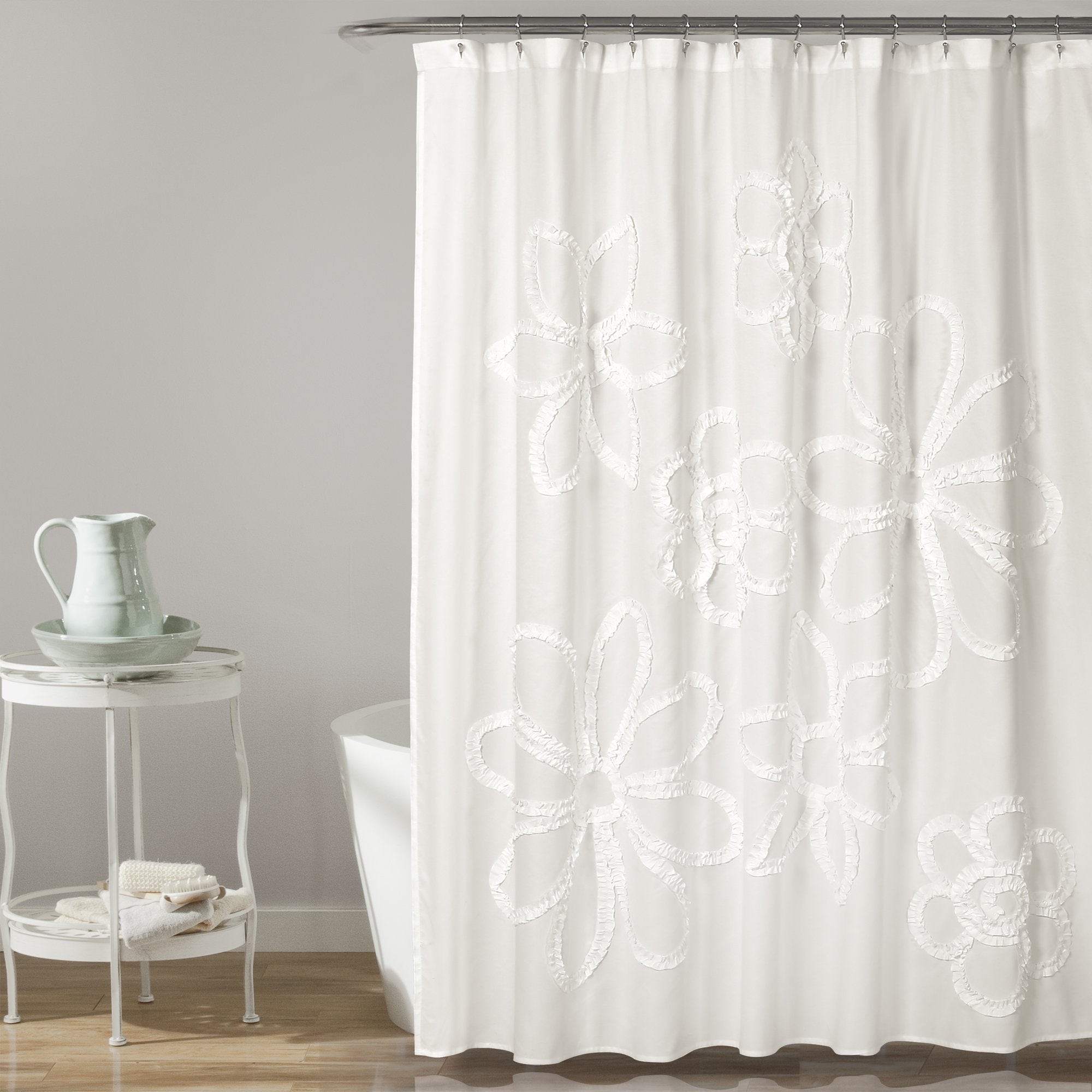 Lush Decor White Ruffle Flower Polyester Shower Curtain, 72' X 72'