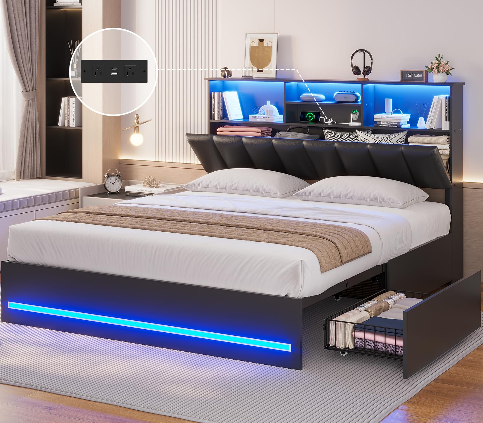 AOGLLATI Full Bed Frame with Stylish Bookcase Headboard & Charging Station & LED Lights,Full Size Bed Frame with 4 Storage Drawe