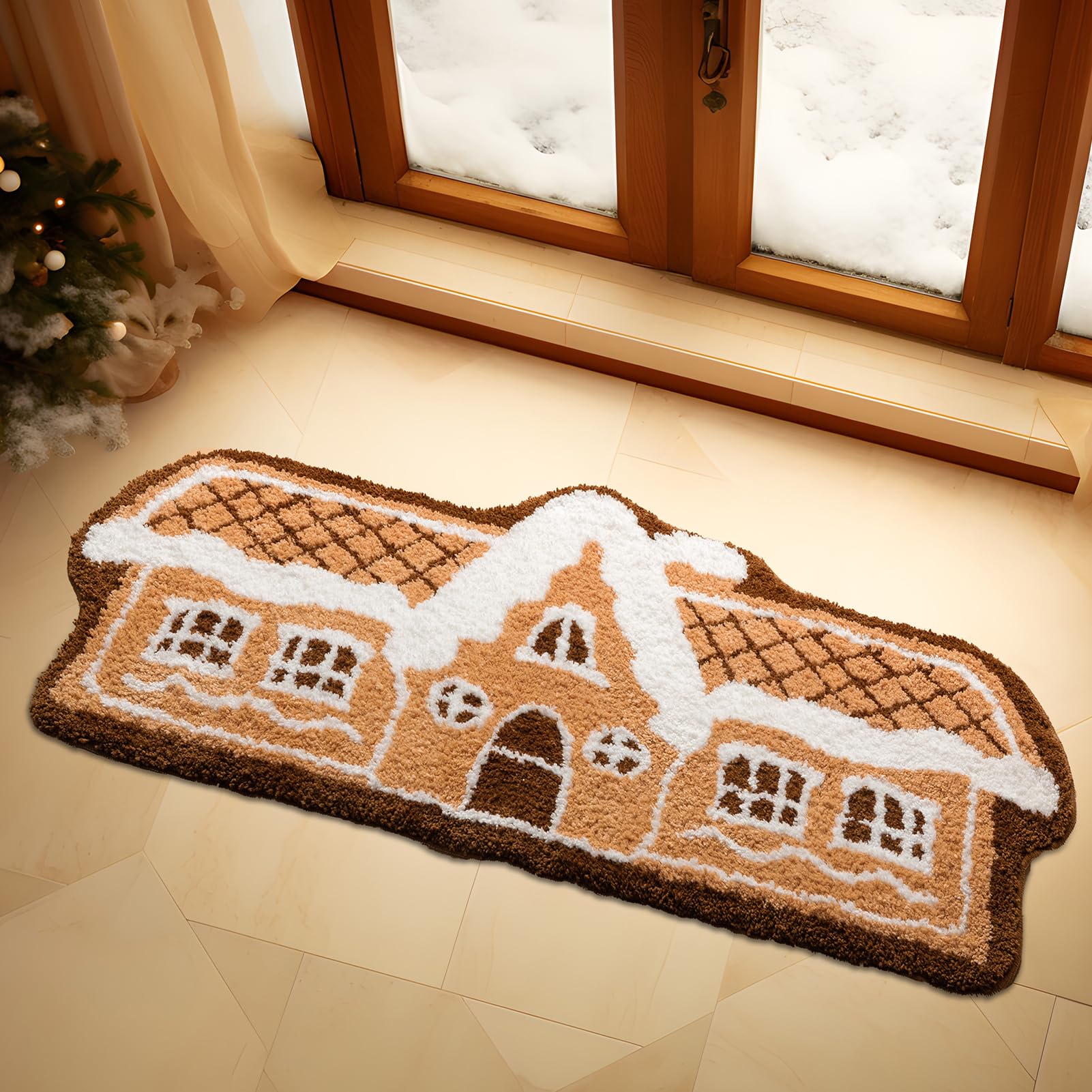 Phantoscope Christmas Rug, Gingerbread House Shaped Area Rug, Non-Slip Ultra Soft Microfiber Door Mat Plush Christmas Decorative