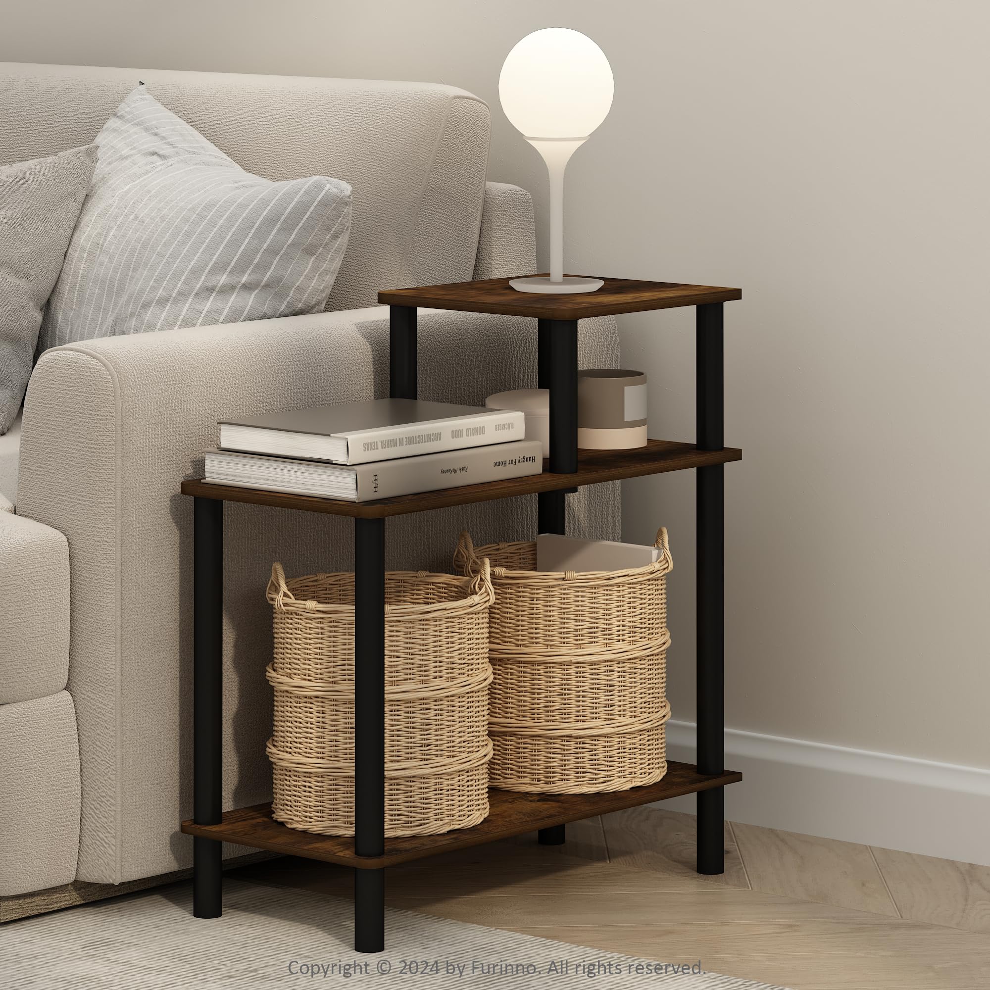 Furinno Turn-N-Tube 3-Tier Rectangular Sofa Side Table, End Table with Open Shelves, Amber Pine/Black