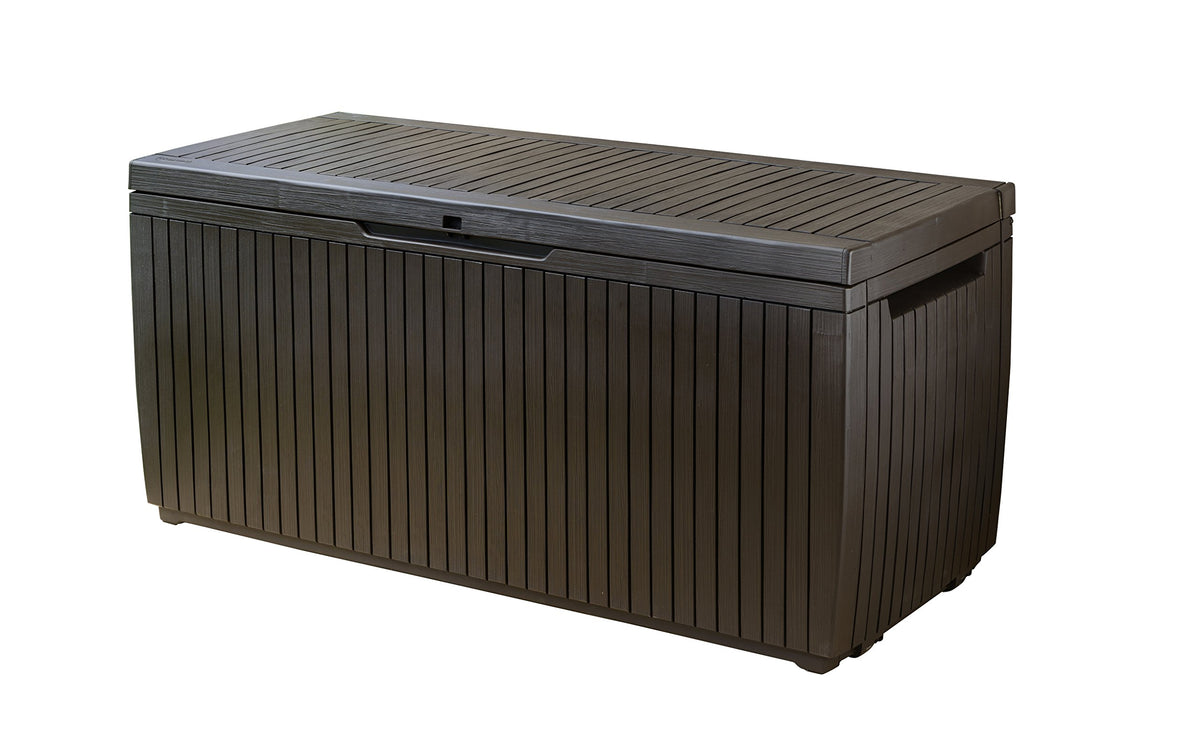 Keter Springwood 80 Gallon Resin Outdoor Storage Box For Patio Furniture Cushions, Pool Toys, And Garden Tools With Handles, Bro