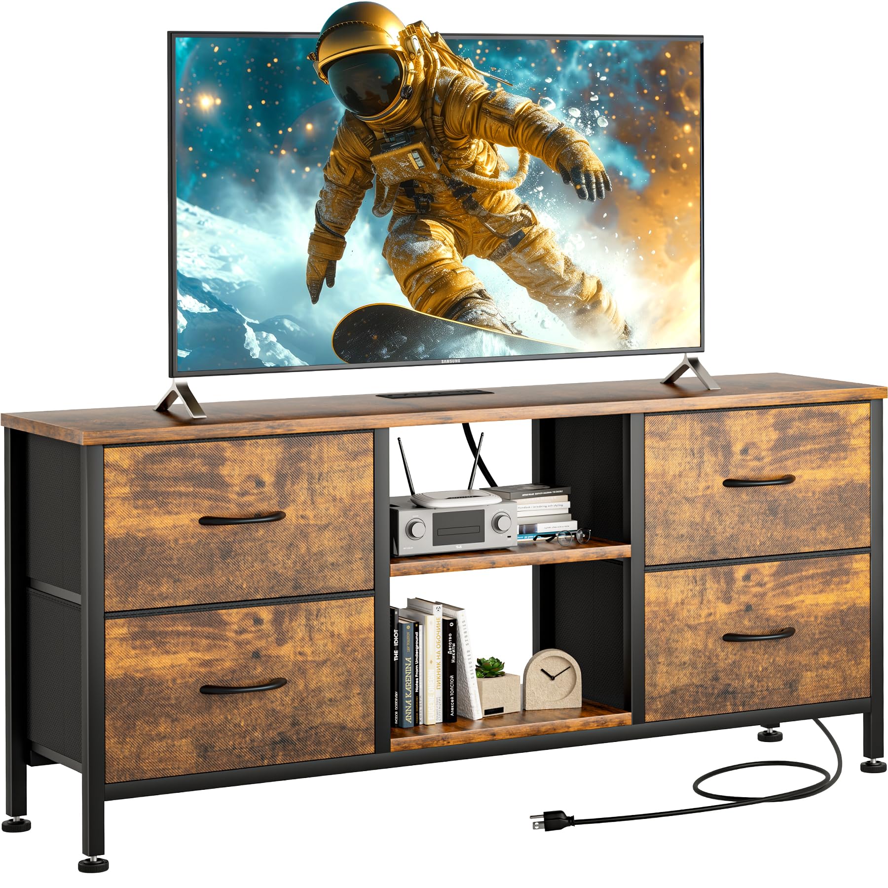 YaFiti TV Stand Dresser for Bedroom, Entertainment Center with Power Outlet for 50'' TV, Dressers with 4 Fabric Drawers & Open S