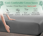 California Design Den Luxury Queen Size Fitted Sheet Only - 100% Cotton, 600 Thread Count, Soft Deep Pocket Bottom Fitted Sheet, Sateen Weave, Hotel Quality, Featuring Foot Side Indicator - Grey