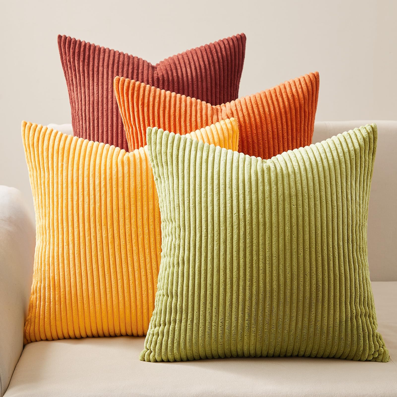 Topfinel Fall Burnt Orange Decorative Throw Pillows Covers 24X24 Inch Set Of 4,Yellow Green Gradient Series Corduroy Striped Squ