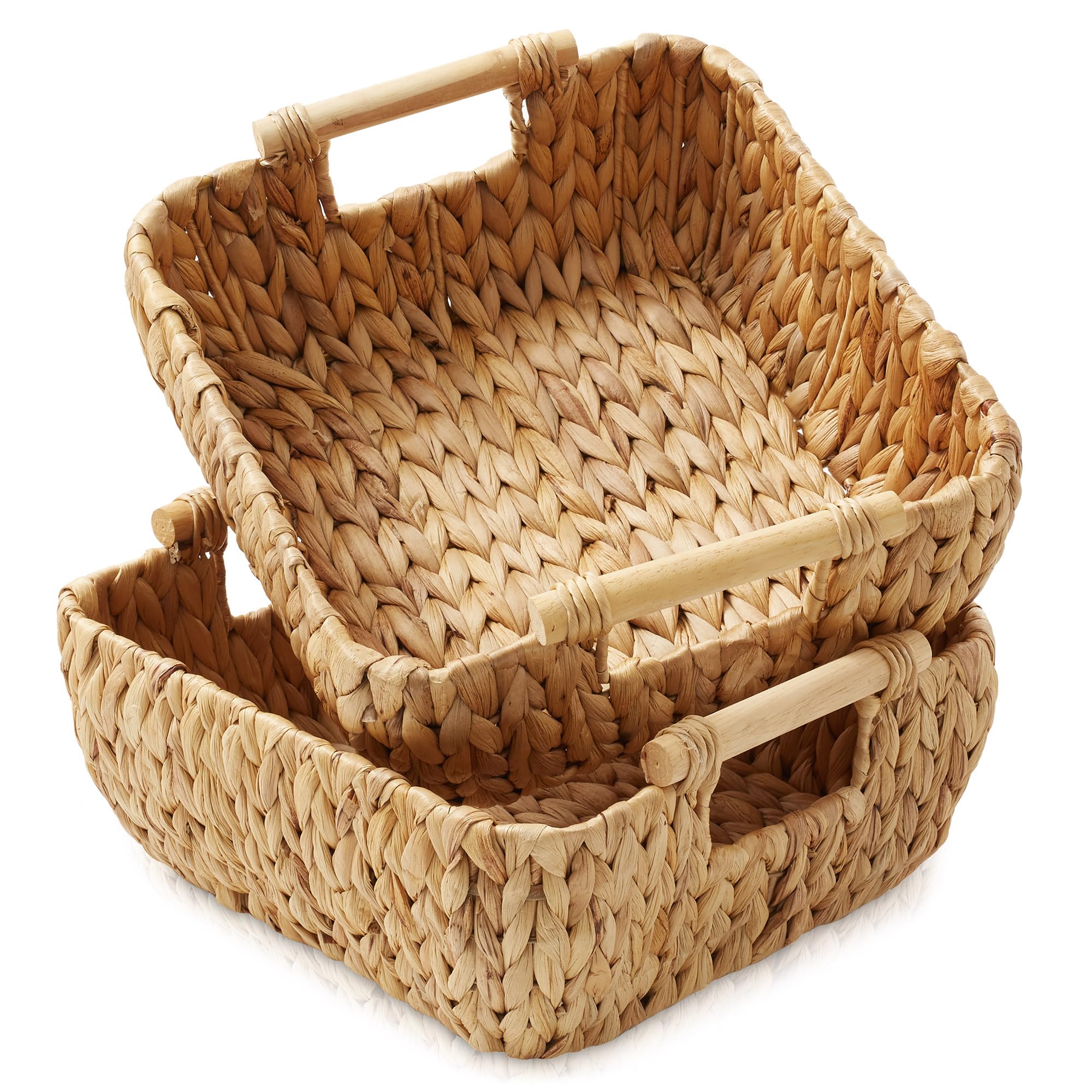 Casafield Set of 2 Water Hyacinth Oval Storage Baskets with Wooden Handles - Small, Woven Bin Organizers