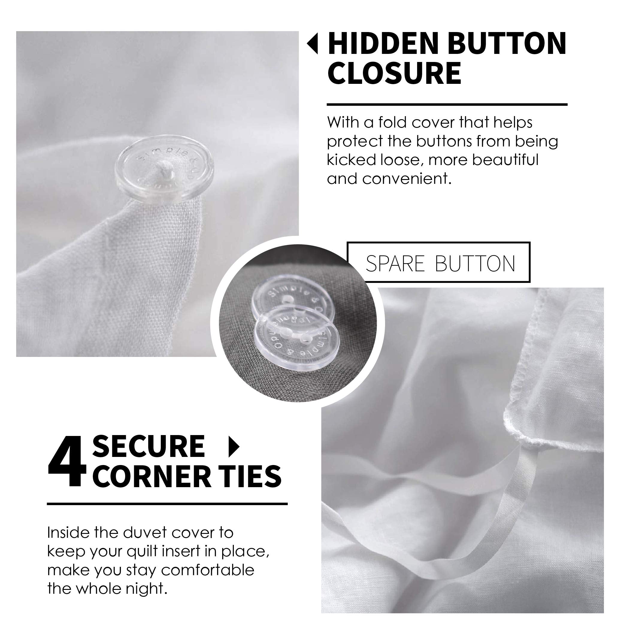 Simple&Opulence 100% Linen Duvet Cover Set 3Pcs Basic Style Natural French Washed Flax Solid Color Soft Breathable Farmhouse Bedding With Button Closure - White, California King