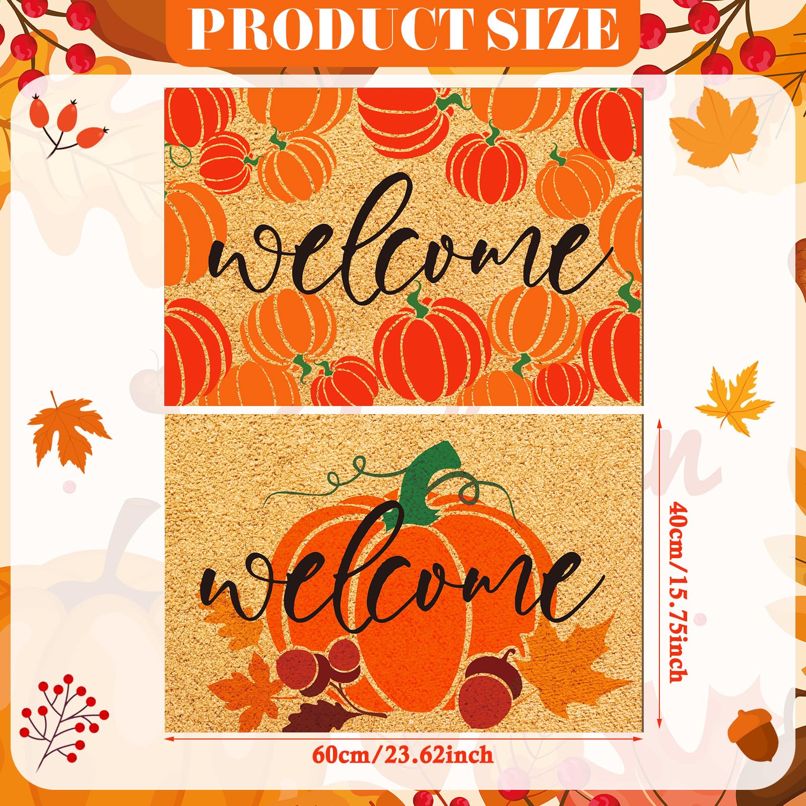 Moucuny 2 Pcs Pumpkin Door Mat Fall Welcome Front Door Mat Autumn Harvest Decorative Mat 15.75 X 23.62 Inches Non Slip Entrance