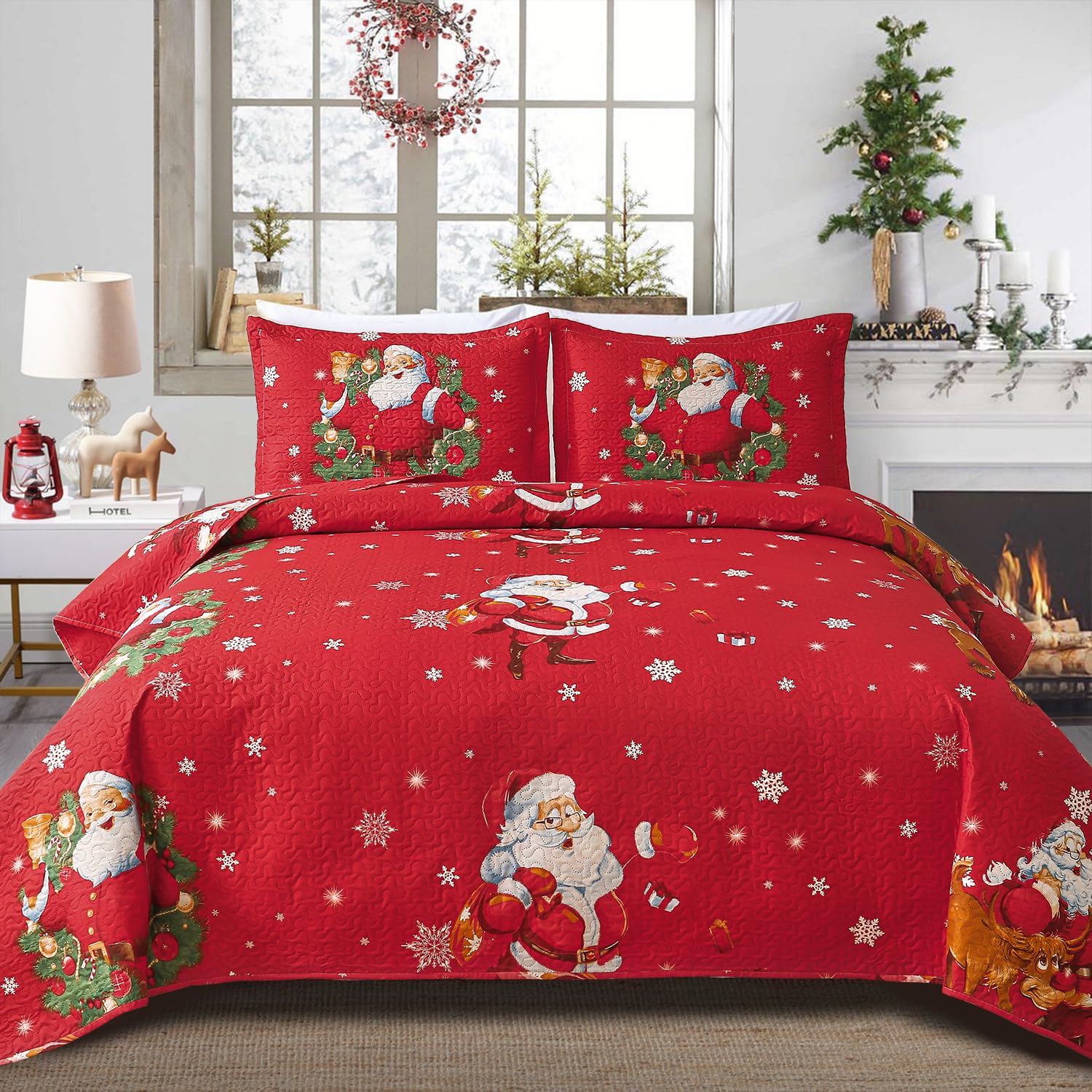 Smuge Christmas Bedspread Quilt Sets Queen Size - Reversible Santa Claus Elk Snowflake New Year Winter Holiday Coverlet Bed Set