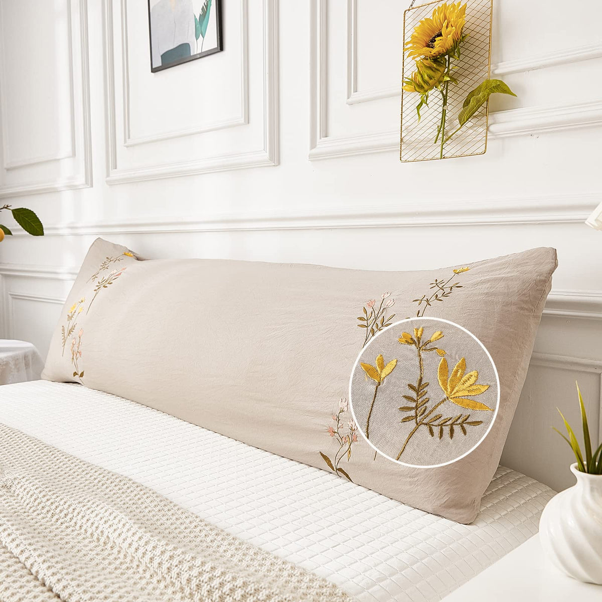 Taupe Body Pillow Cover Embroidery Flower Body Pillowcase Boho Chic Room Decor 20X54 Body Pillow Cover With Pocket Closure (Body