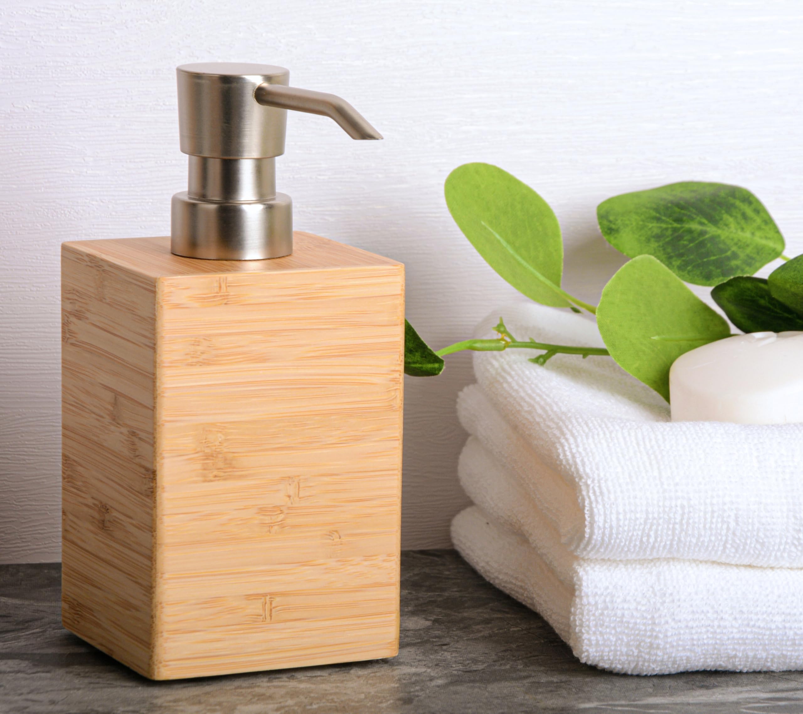 Clasin Home Bamboo Soap Dispenser, 7 Fl Oz Wooden Soap Dispenser, Elegant Square Design, Modern Indoor Kitchen Bathroom Countert
