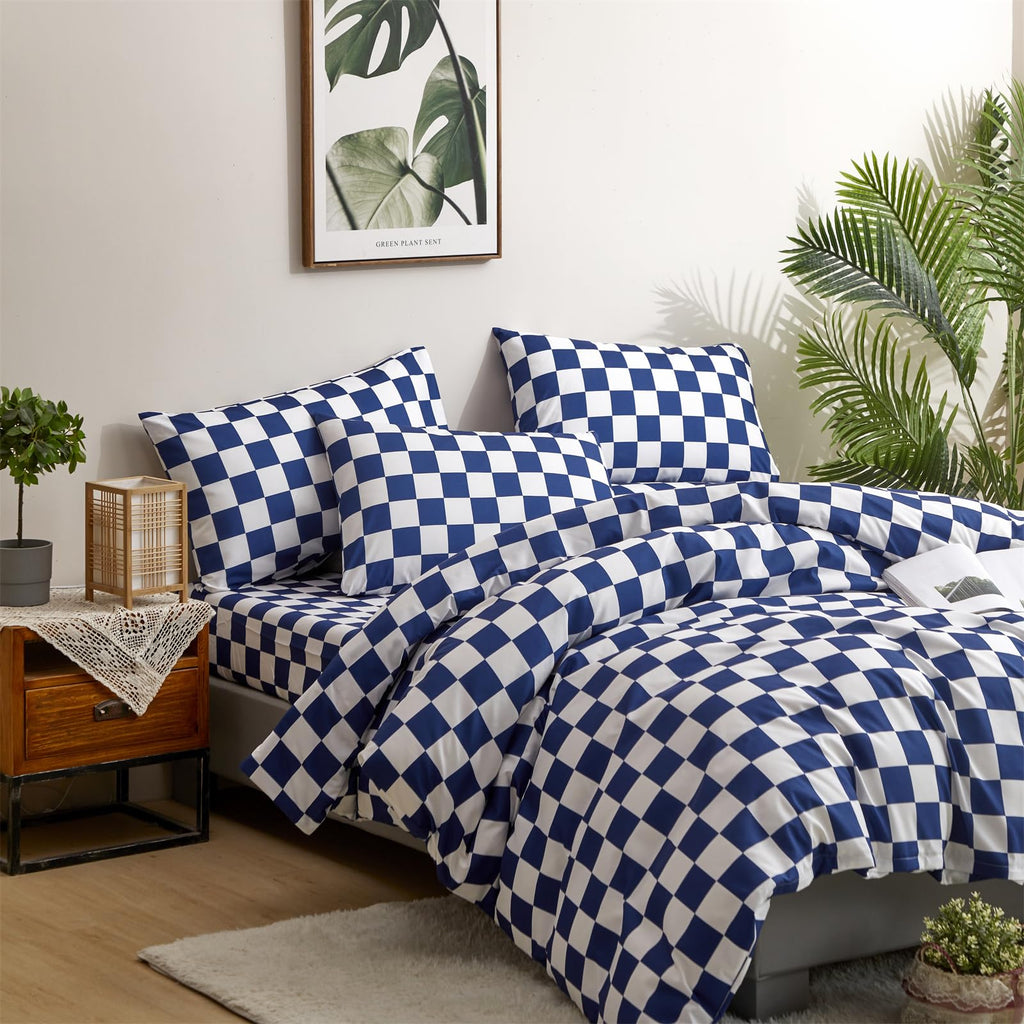 Clothknow Blue White Plaid Full Comforter Set 3Pcs Royal Blue White Bedding Comforter Sets Grid Comforter Full Soft Dark Blue Full Size Comforter Sets