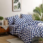 Clothknow Blue White Plaid Full Comforter Set 3Pcs Royal Blue White Bedding Comforter Sets Grid Comforter Full Soft Dark Blue Full Size Comforter Sets