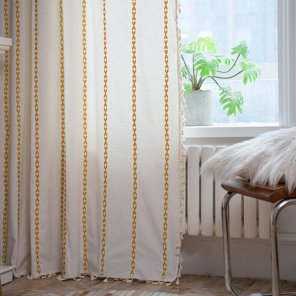 Sutuo Home Boho Curtains 84 Inch Length For Bedroom, Semi Blackout Farmhouse Vintage Shabby Chic Tassels Window Treatment Bohemian Embroidery Drape, Rod Pocket 1 Panel 52' W X 84' L, White And Gold
