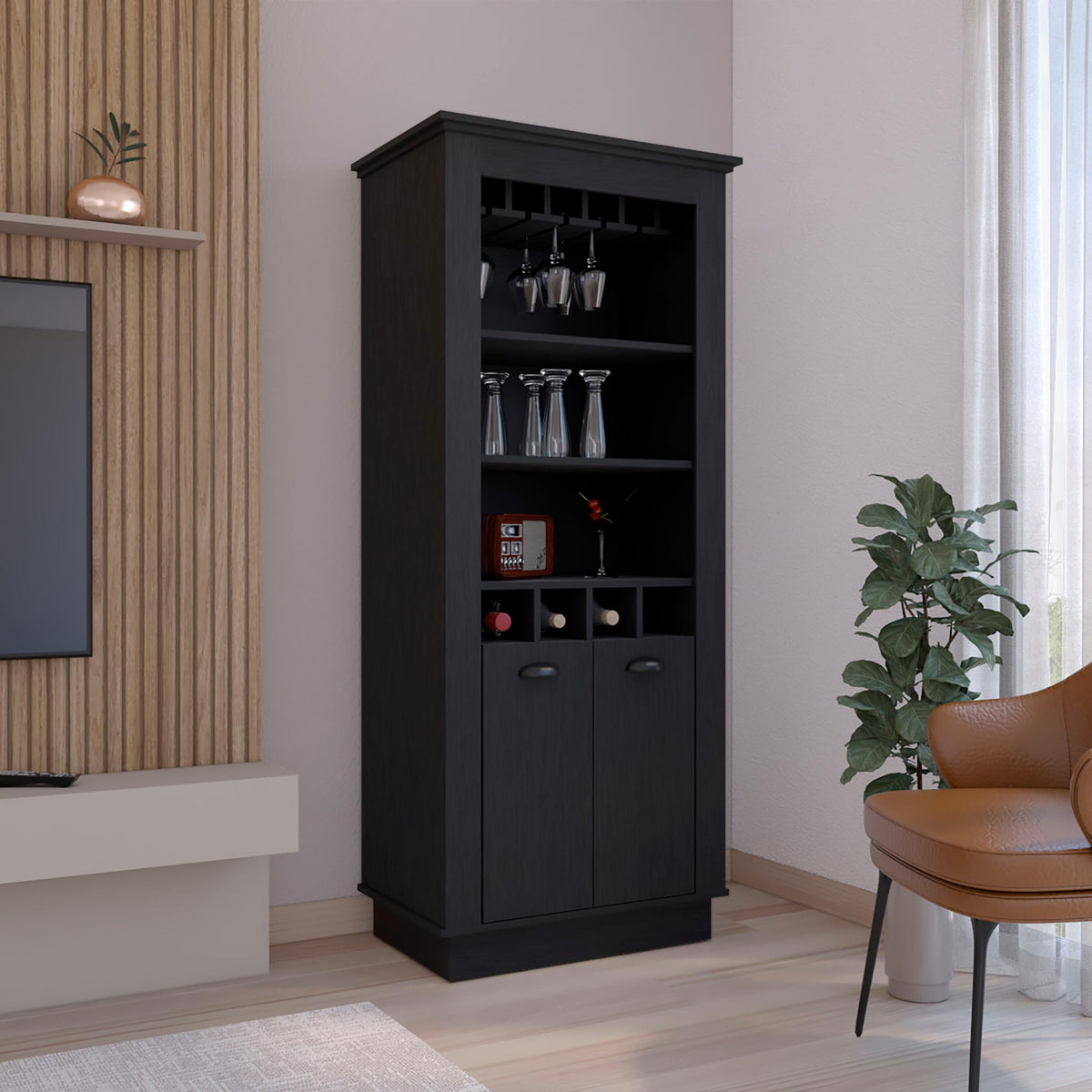Gale Bar Cabinet Elegant Multi-Storage Unit With Built-In Bottle And Glass Racks, Black