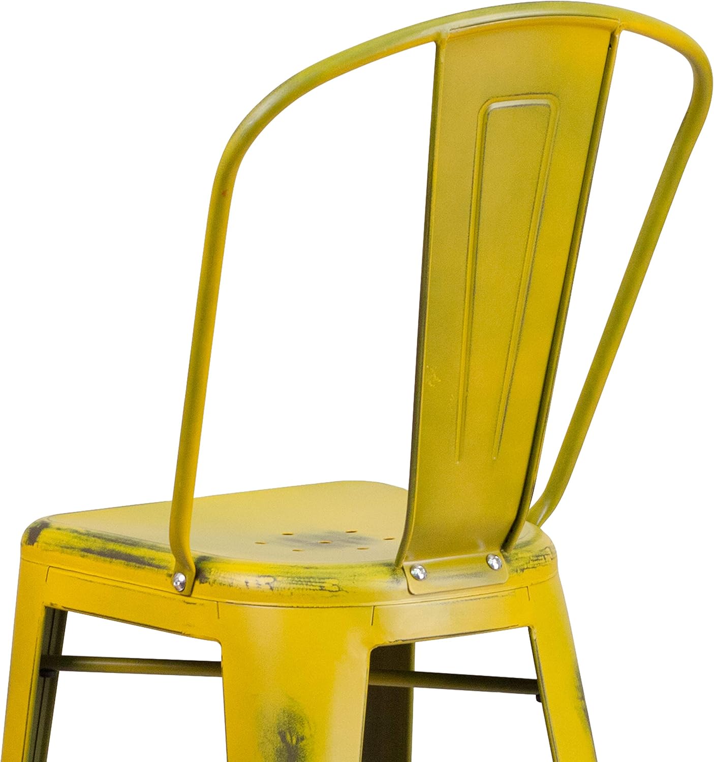 Commercial Grade 30 High Distressed Yellow Metal Indoor-Outdoor Barstool with Back