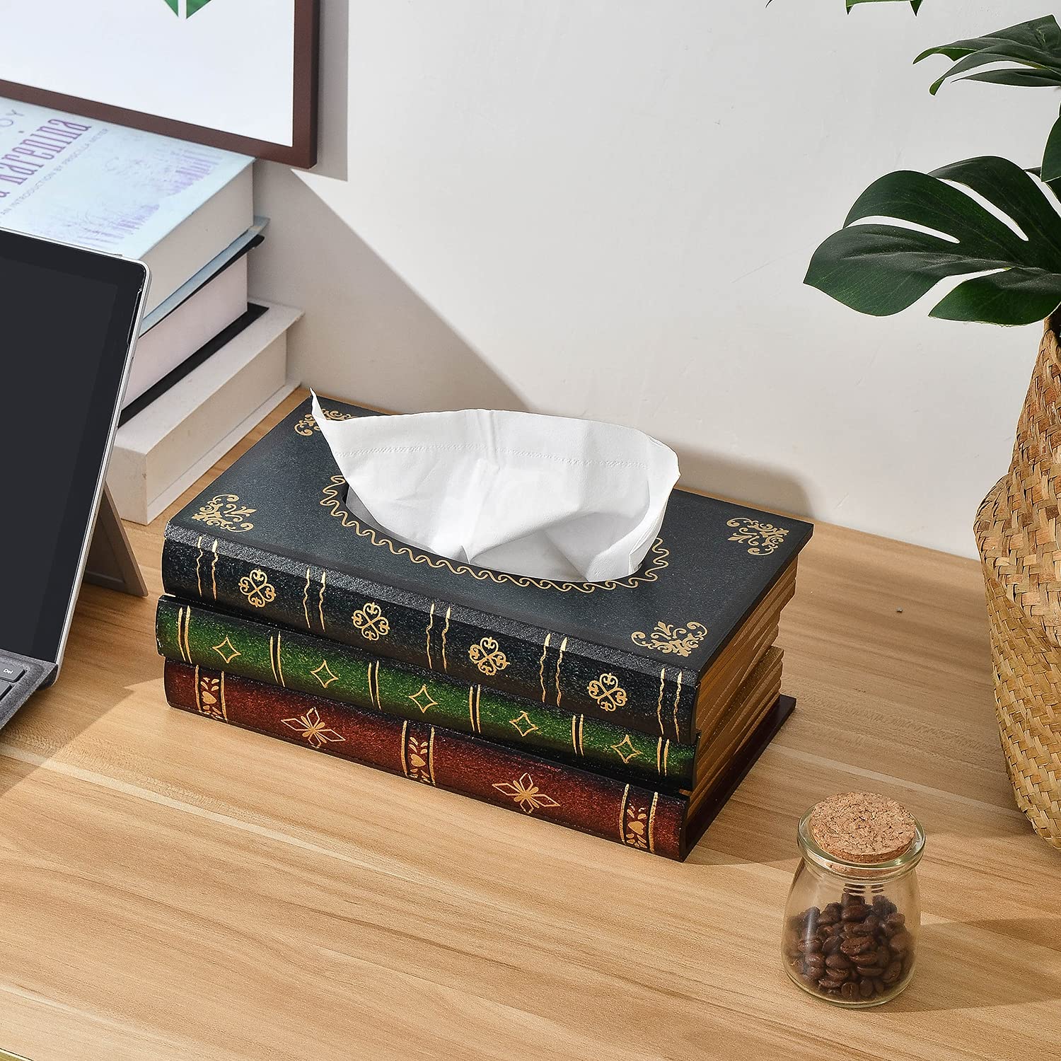 Crafted Classical Retro Wooden Antique Book Tissue Box Cover Rectangular Tissue Holder Dispenser Paper Cover Case Napkin Holder