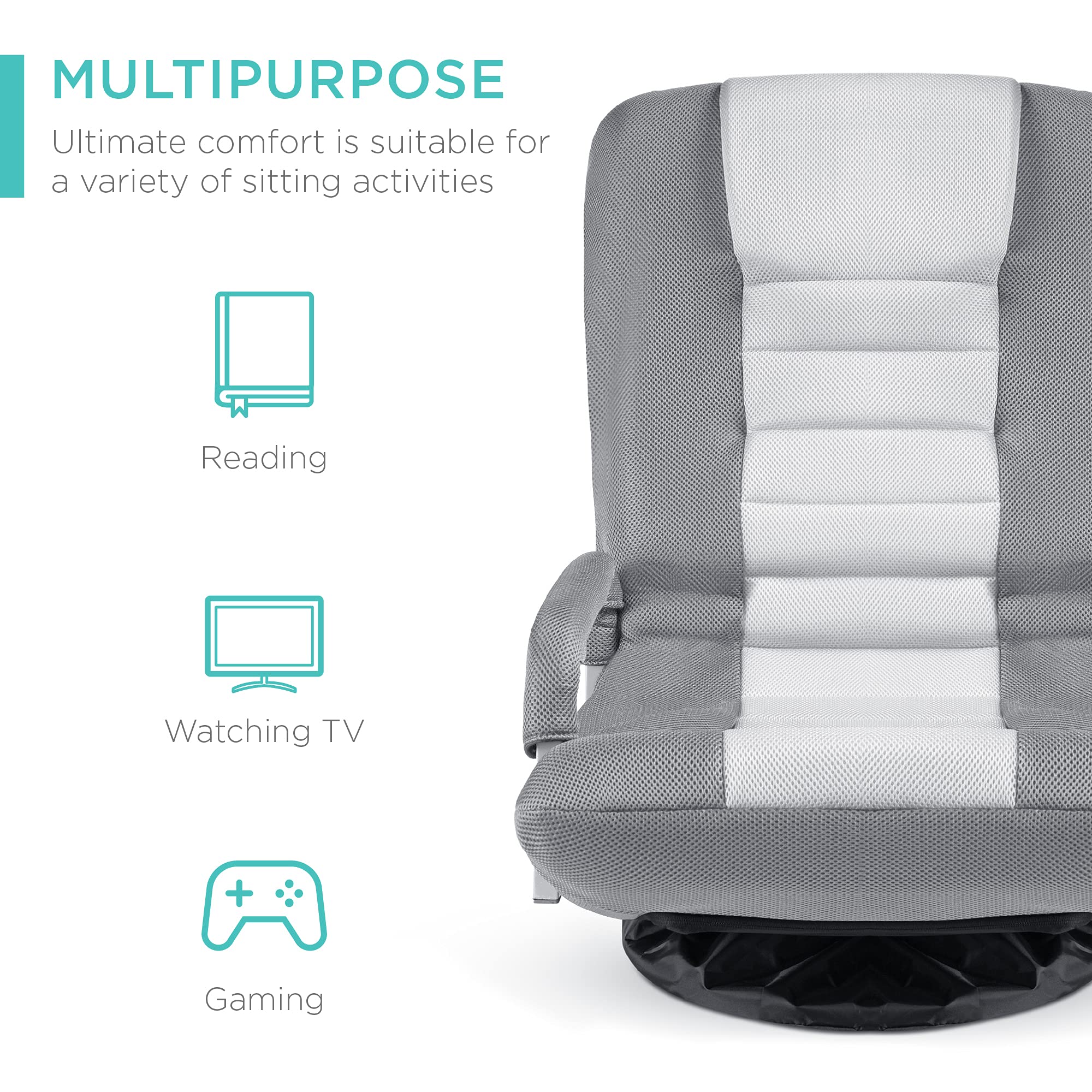 Best Choice Products Swivel Gaming Chair 360 Degree Multipurpose Floor Chair Rocker For Tv, Reading, Playing Video Games W/Lumbar Support, Armrest Handles, Adjustable Foldable Backrest - Gray/White