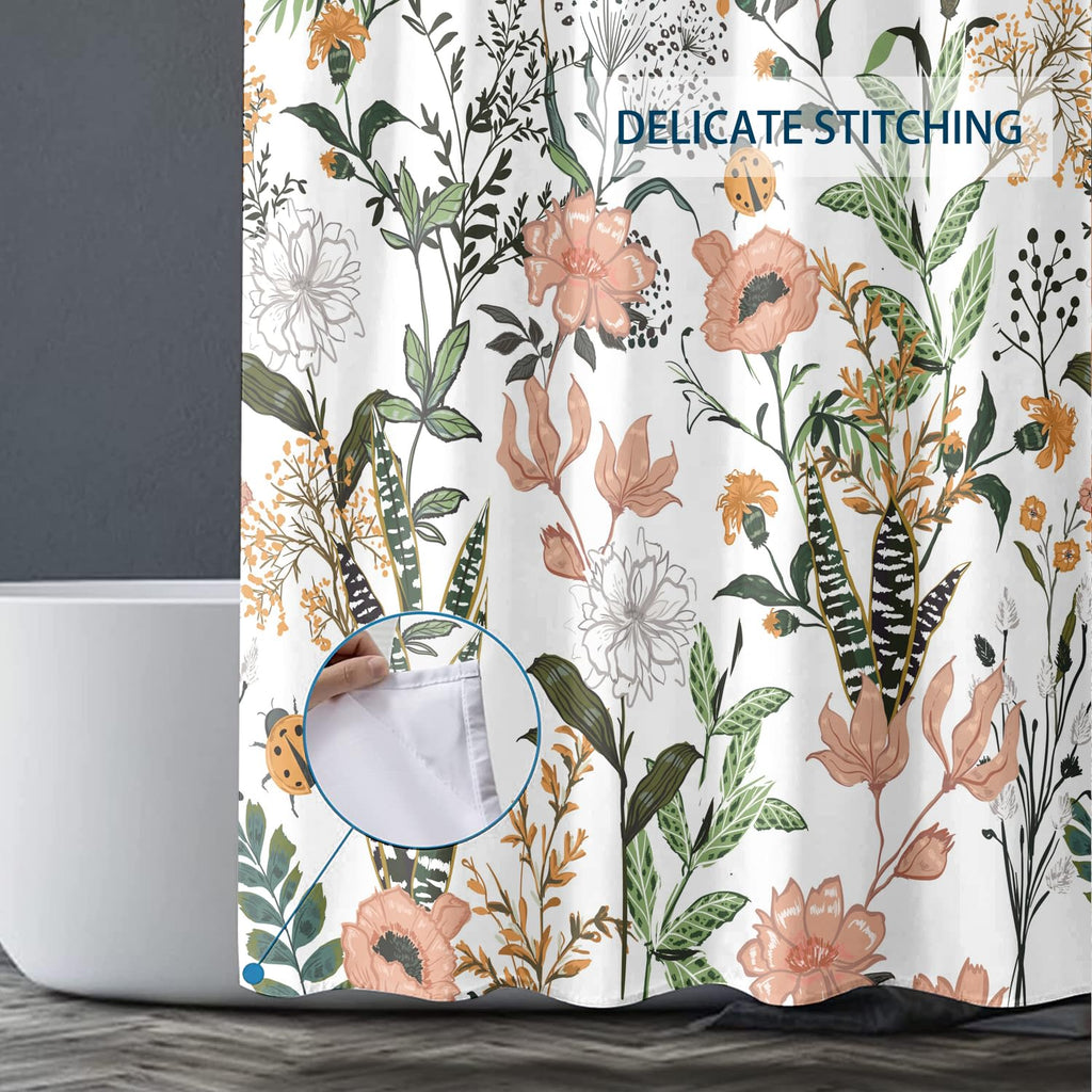 Bivinar Green Boho Floral Shower Curtain 60 X 72 Inch, Flower Leaves Boho Chic Bathroom Curtain, Waterproof Fabric Plant Bathroo